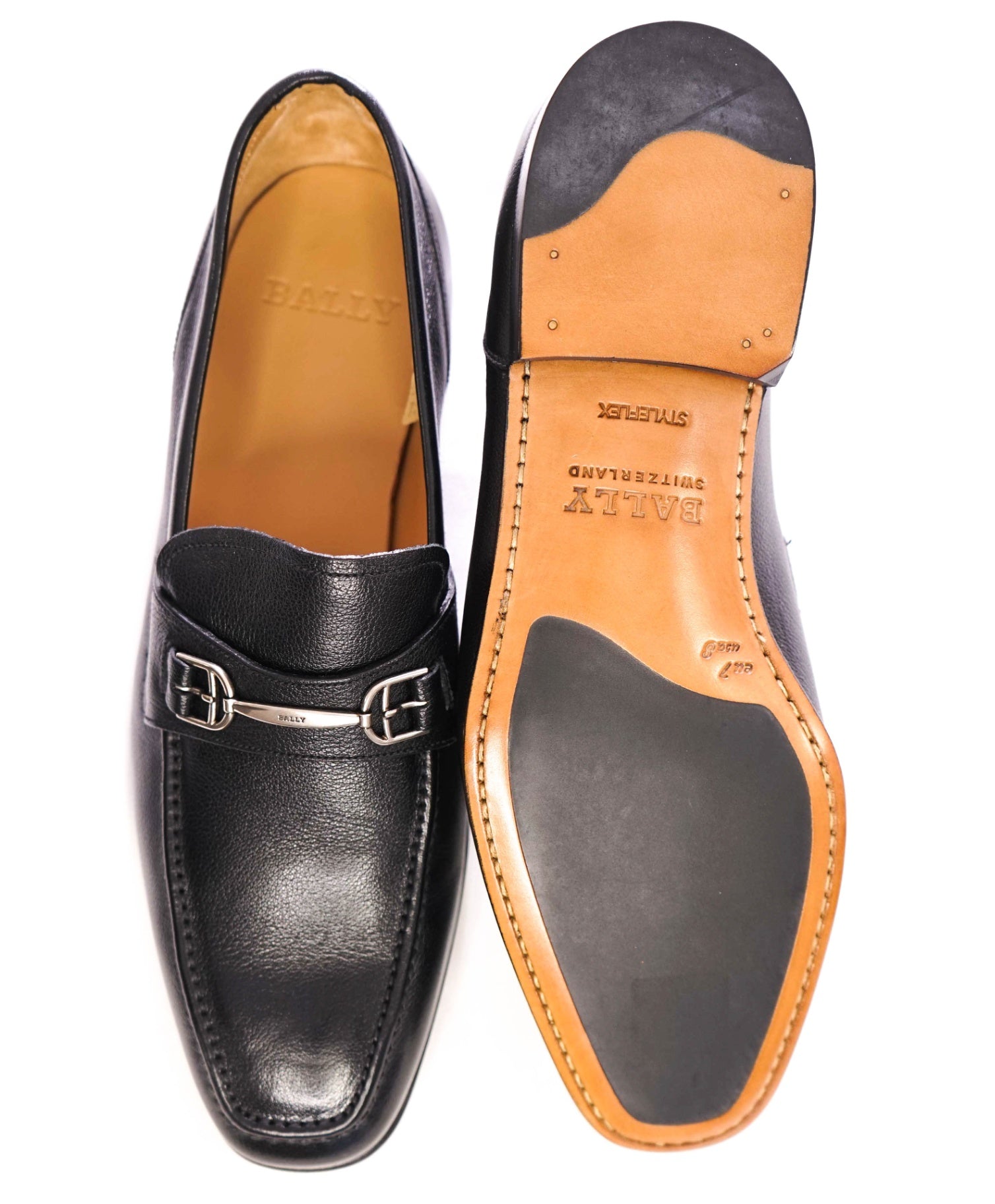 $615 BALLY - Black Pebbled Loafers "STYLEFLEX" Leather - US 8 (7UK)