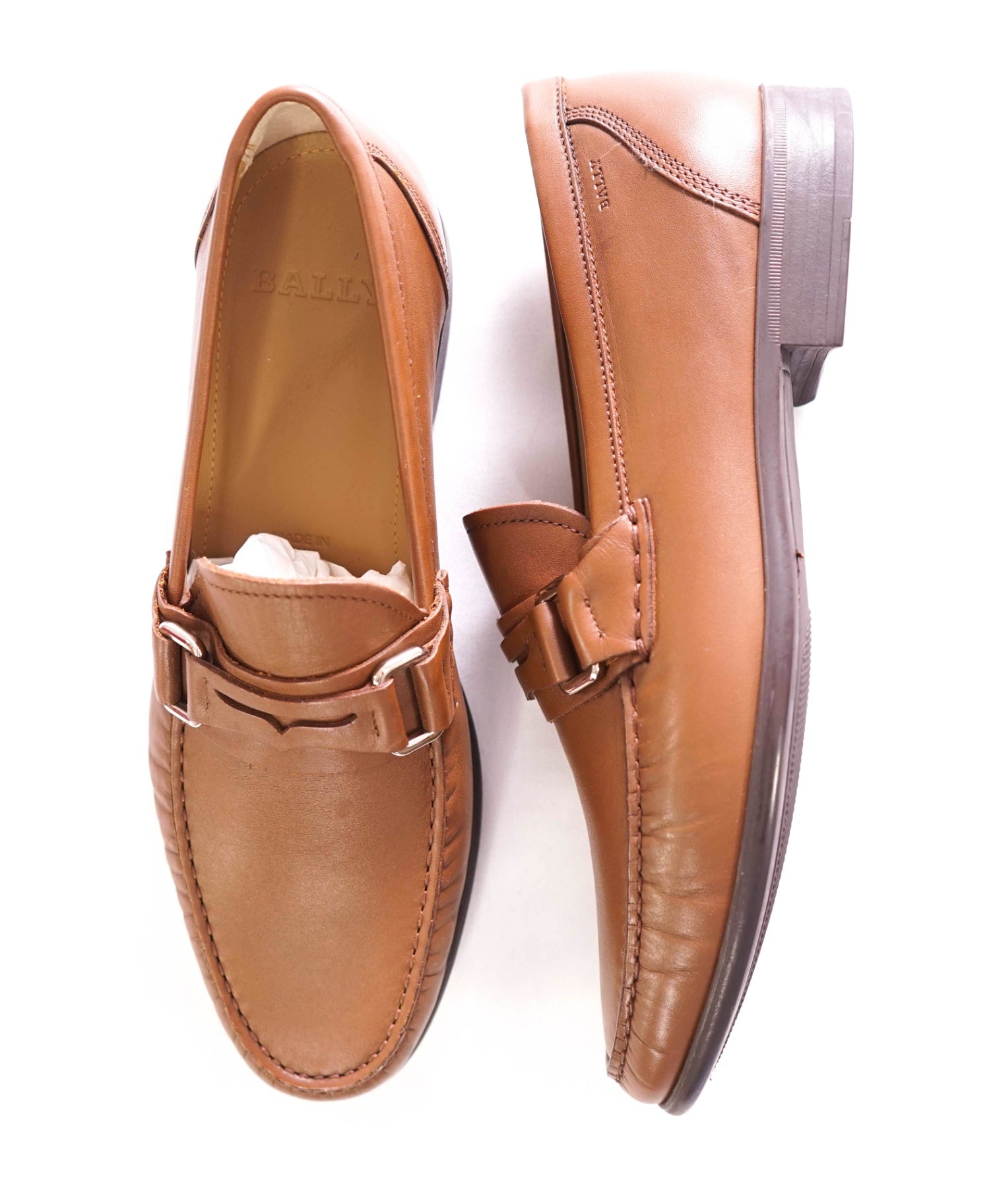 $650 BALLY - Tobacco Brown Penny Loafers Leather - US 8 D