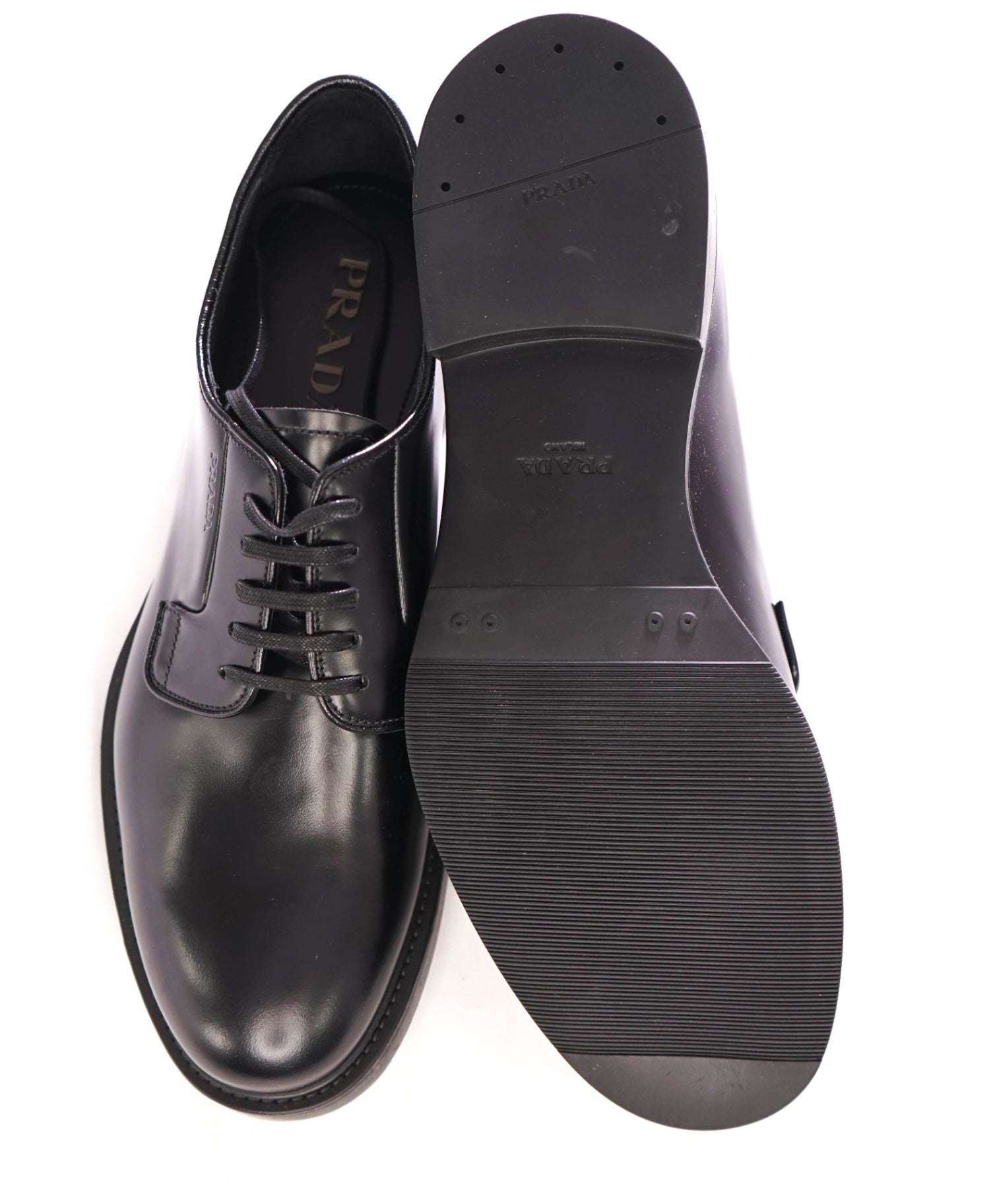 $1,150 PRADA - Black Brushed Leather Derby Lace-Ups - US 9 (UK8)