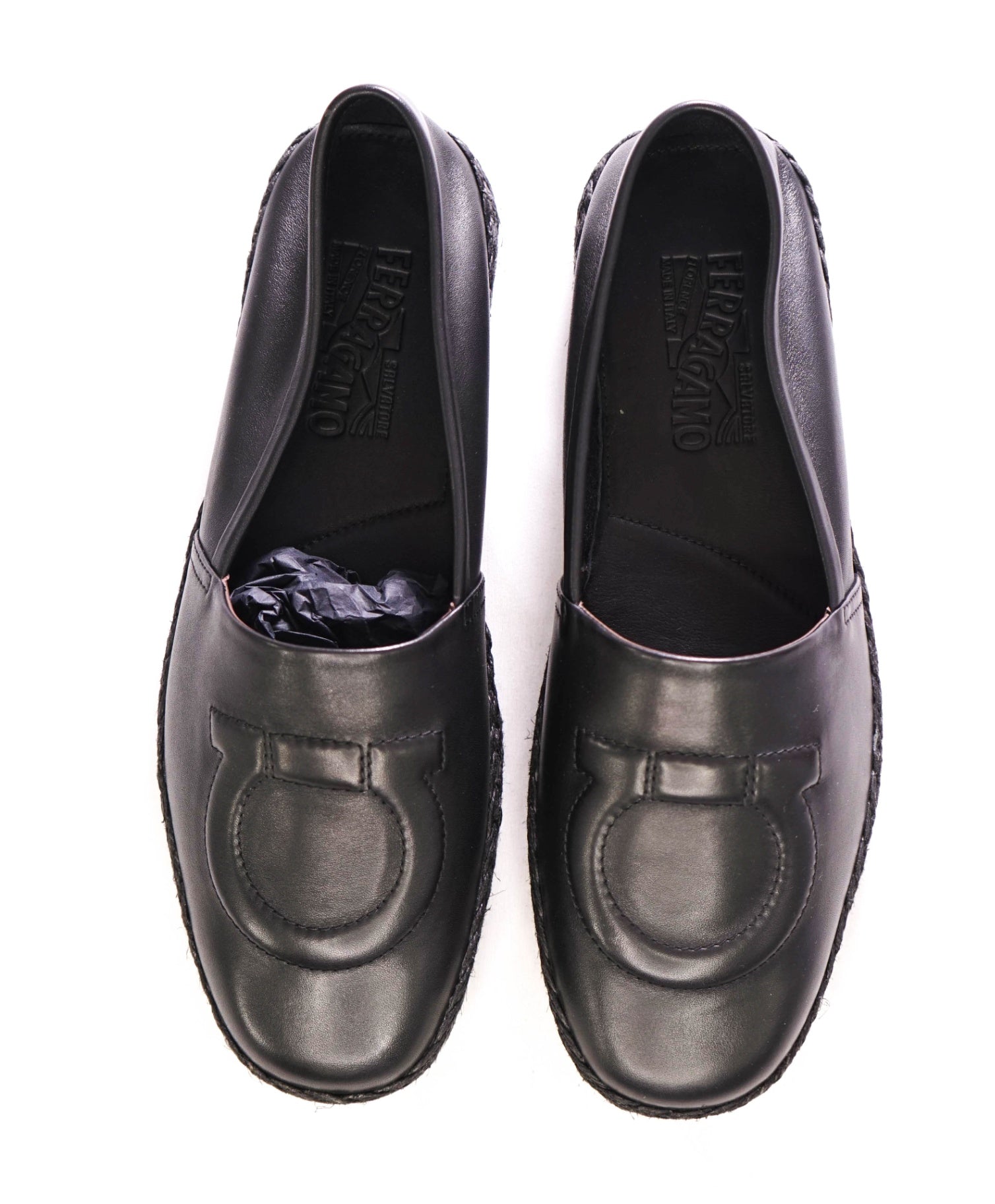 $750 FERRAGAMO - "GANCINI ESPADRILLE" Black Leather -10 M