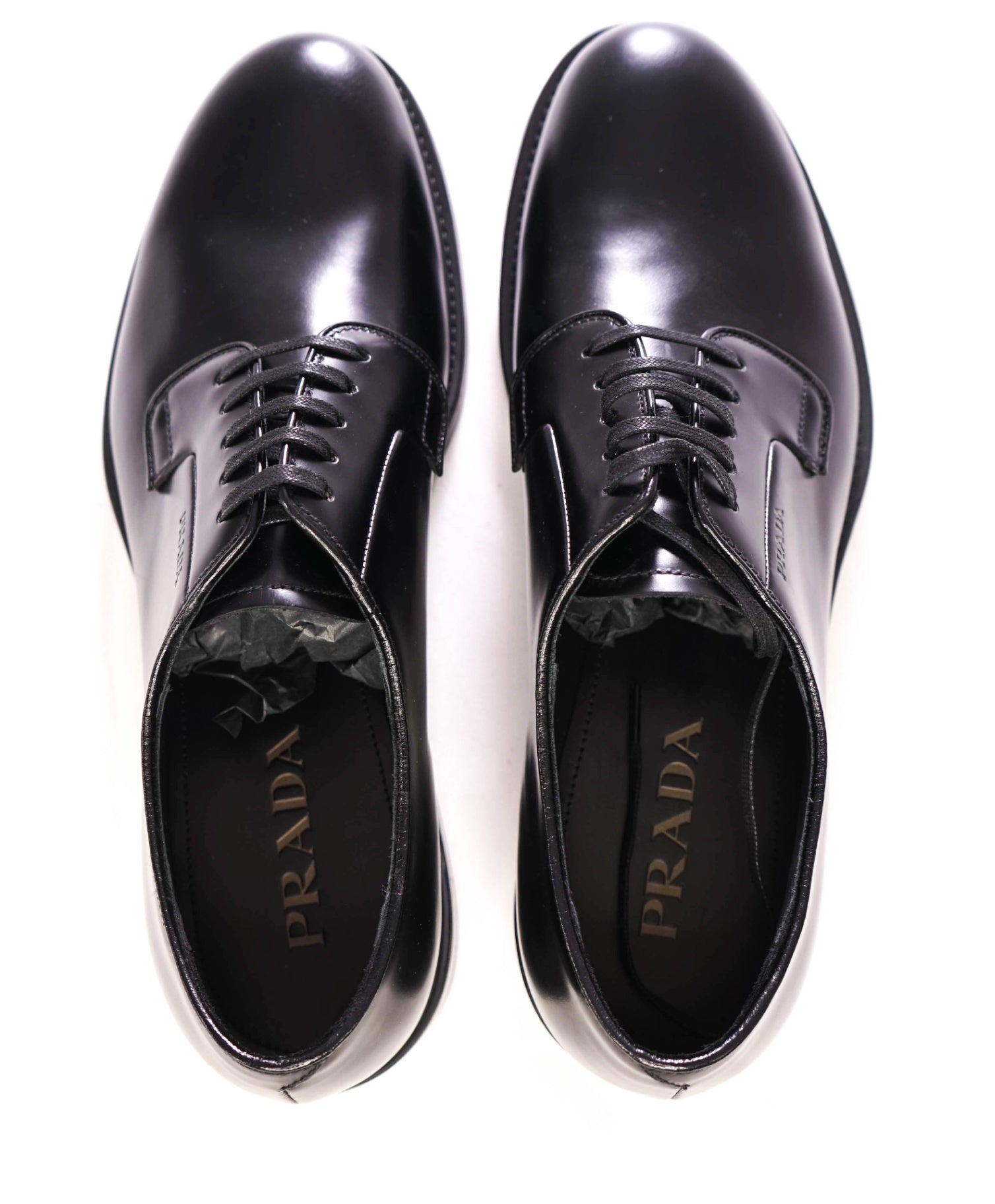 $1,150 PRADA - Black Brushed Leather Derby Lace-Ups - US 9 (UK8)