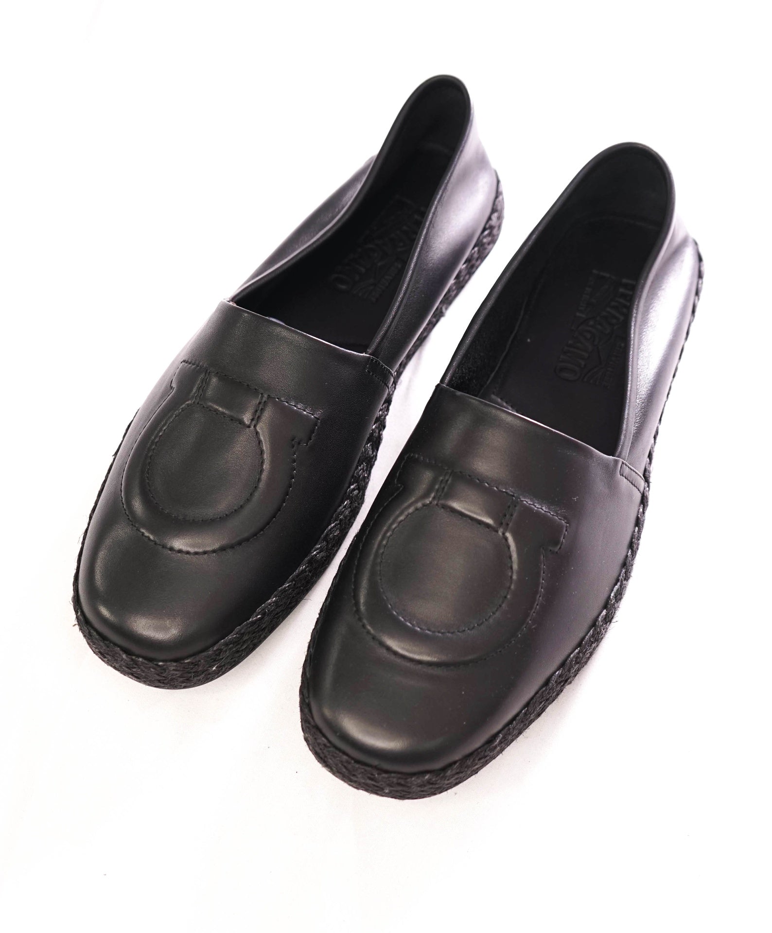 $750 FERRAGAMO - "GANCINI ESPADRILLE" Black Leather -10 M