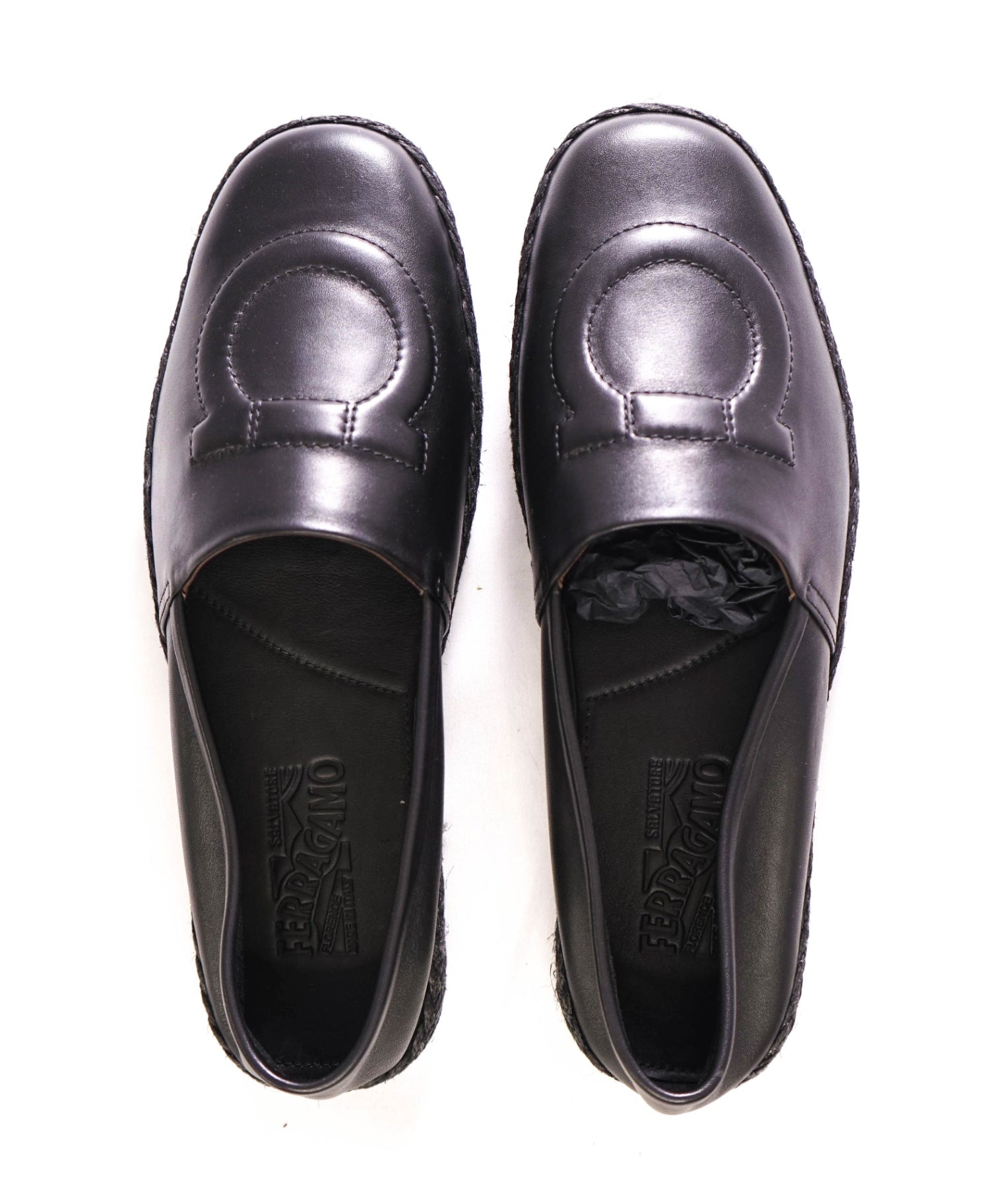 $750 FERRAGAMO - "GANCINI ESPADRILLE" Black Leather -10 M