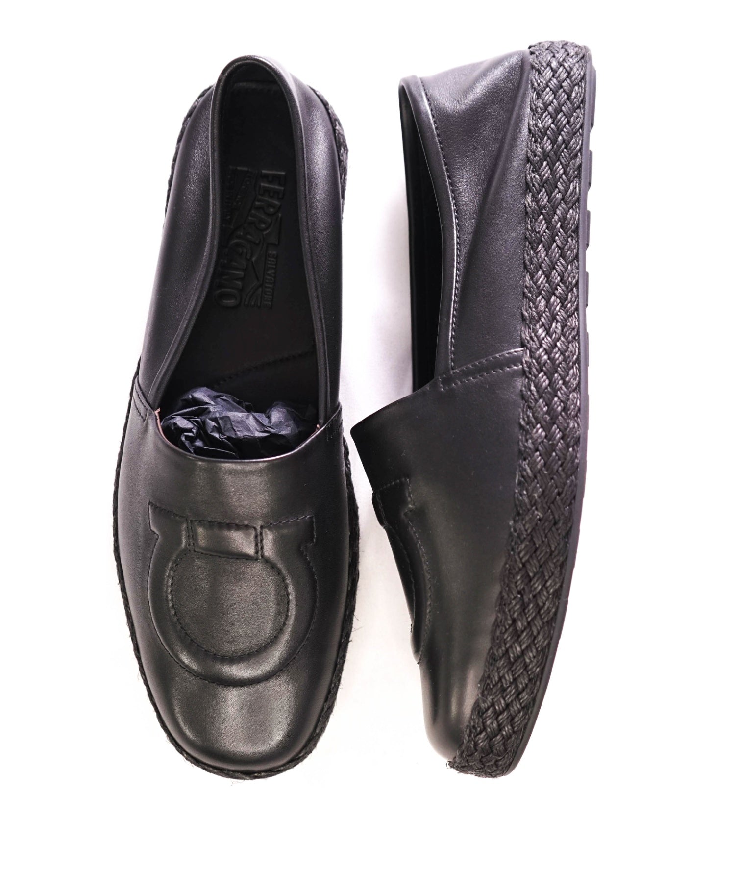 $750 FERRAGAMO - "GANCINI ESPADRILLE" Black Leather -10 M