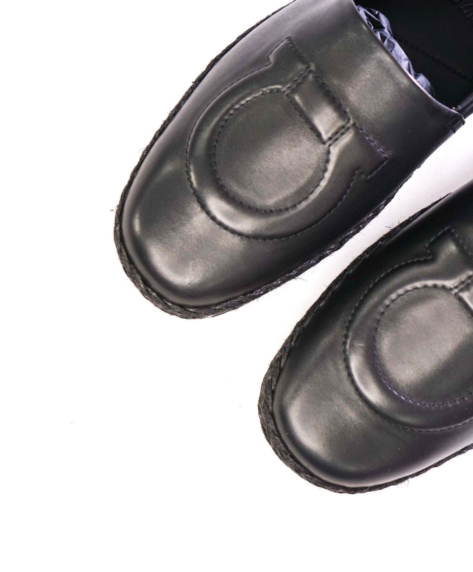 $750 FERRAGAMO - "GANCINI ESPADRILLE" Black Leather -10 M