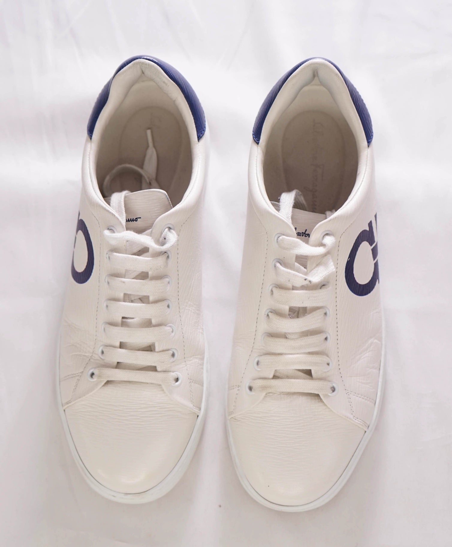 $750 SALVATORE FERRAGAMO - White/Blue Sneakers Leather - 10.5 M