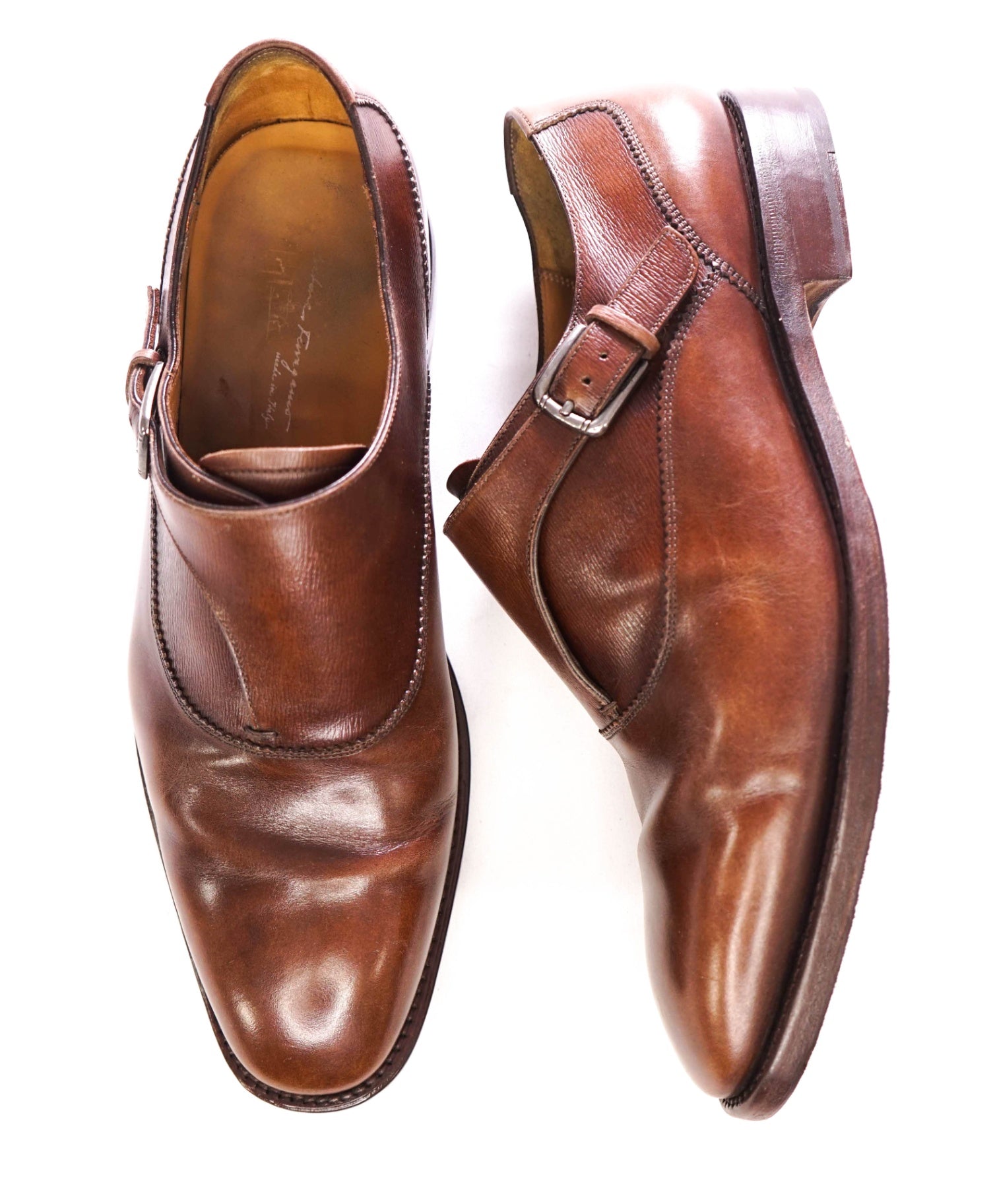 $1,295 SALVATORE FERRAGAMO - Leather Brown Single Monk - 10 EE