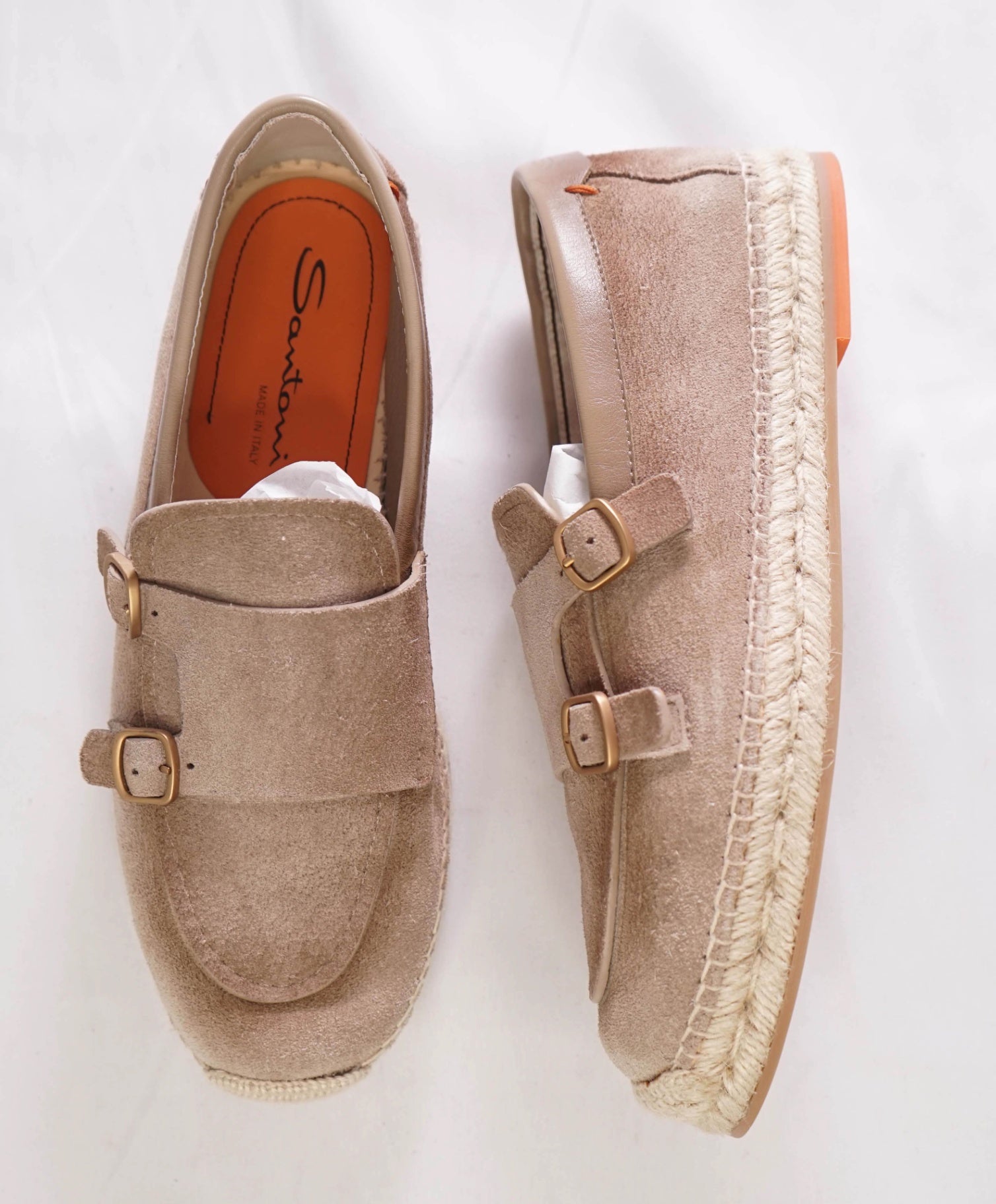 $890 SANTONI - Suede Beige "Espadrillas" Monk  - US 8.5 (7.5UK)