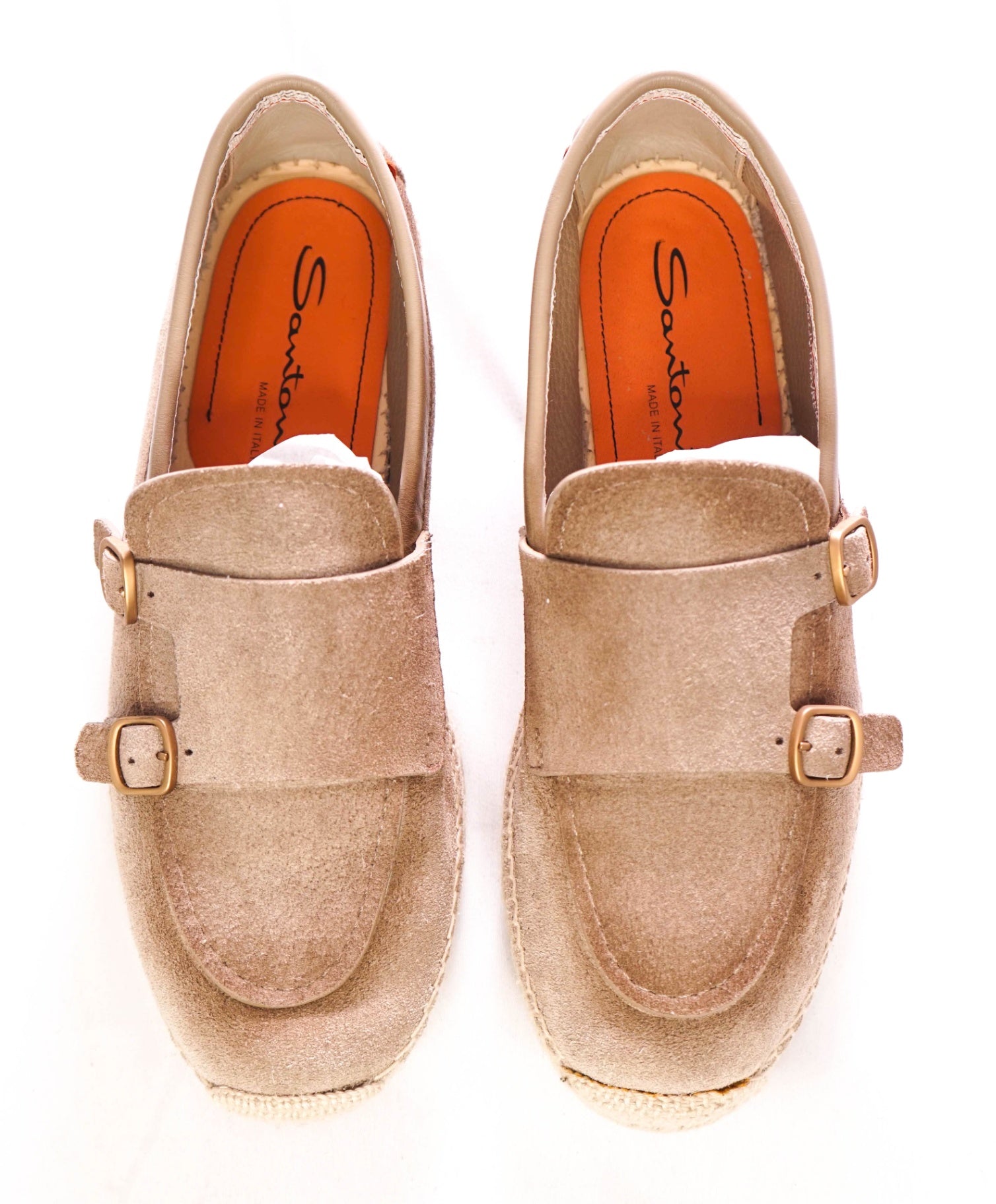 $890 SANTONI - Suede Beige "Espadrillas" Monk  - US 8.5 (7.5UK)