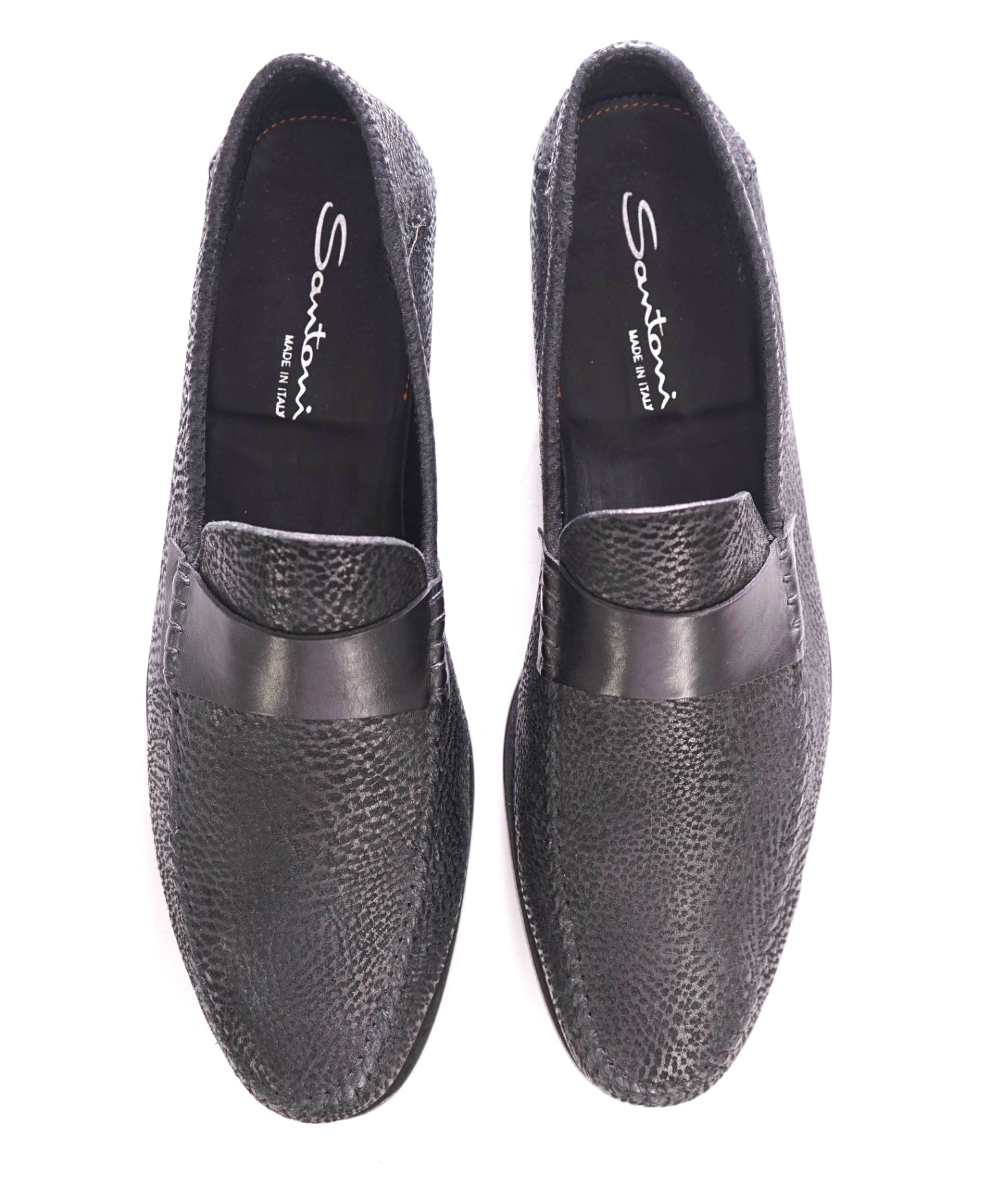 $720 SANTONI - Leather Black Textured Venetian Loafers - US 13 (12UK)