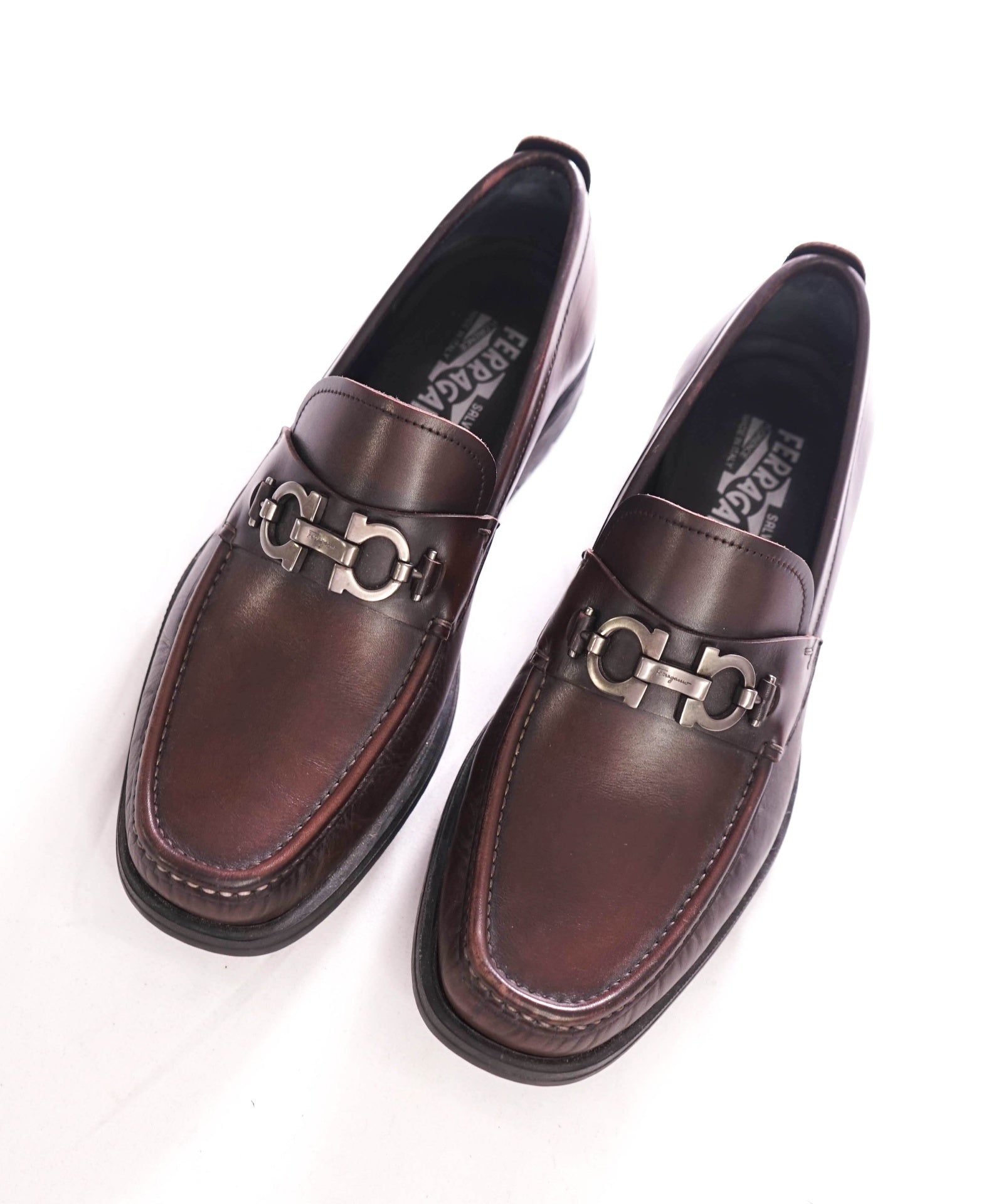 $895 FERRAGAMO - "DAVID" Leather Dark Brown Loafers - 8 EE