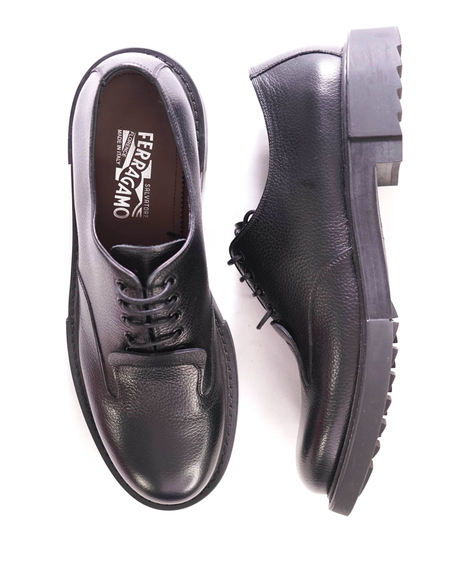 $1,150 FERRAGAMO - Lug Sole Black Leatehr Derbys - 11.5 D
