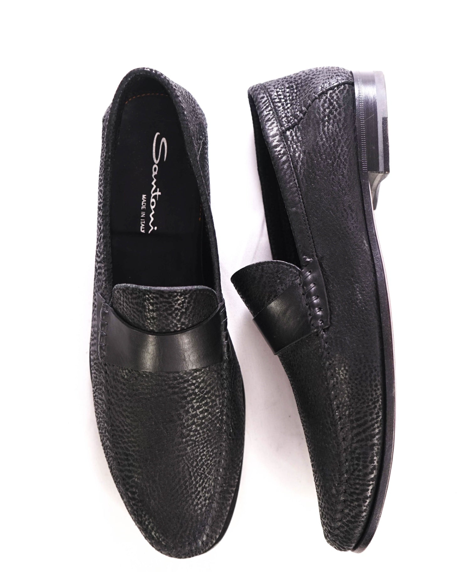 $720 SANTONI - Leather Black Textured Venetian Loafers - US 13 (12UK)