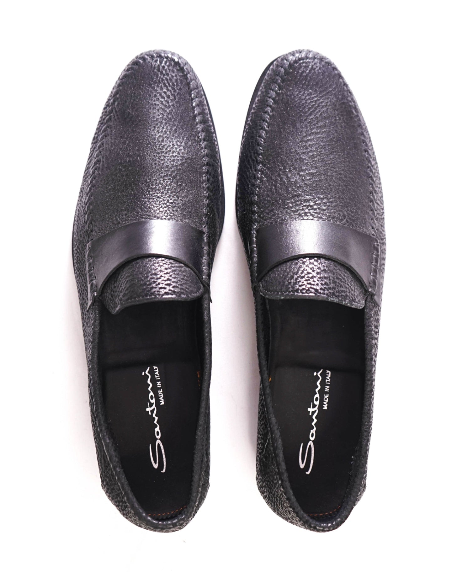 $720 SANTONI - Leather Black Textured Venetian Loafers - US 13 (12UK)