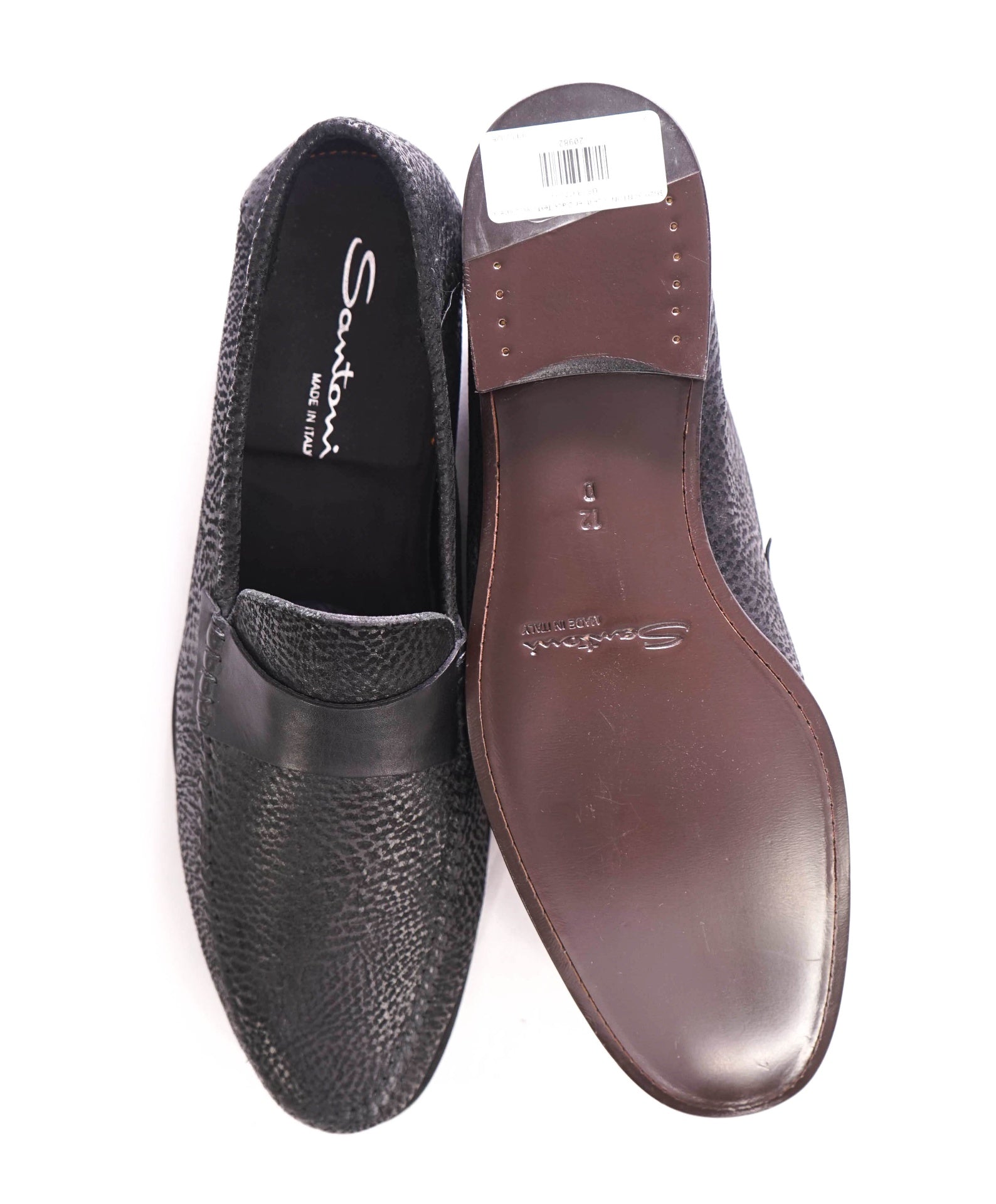$720 SANTONI - Leather Black Textured Venetian Loafers - US 13 (12UK)