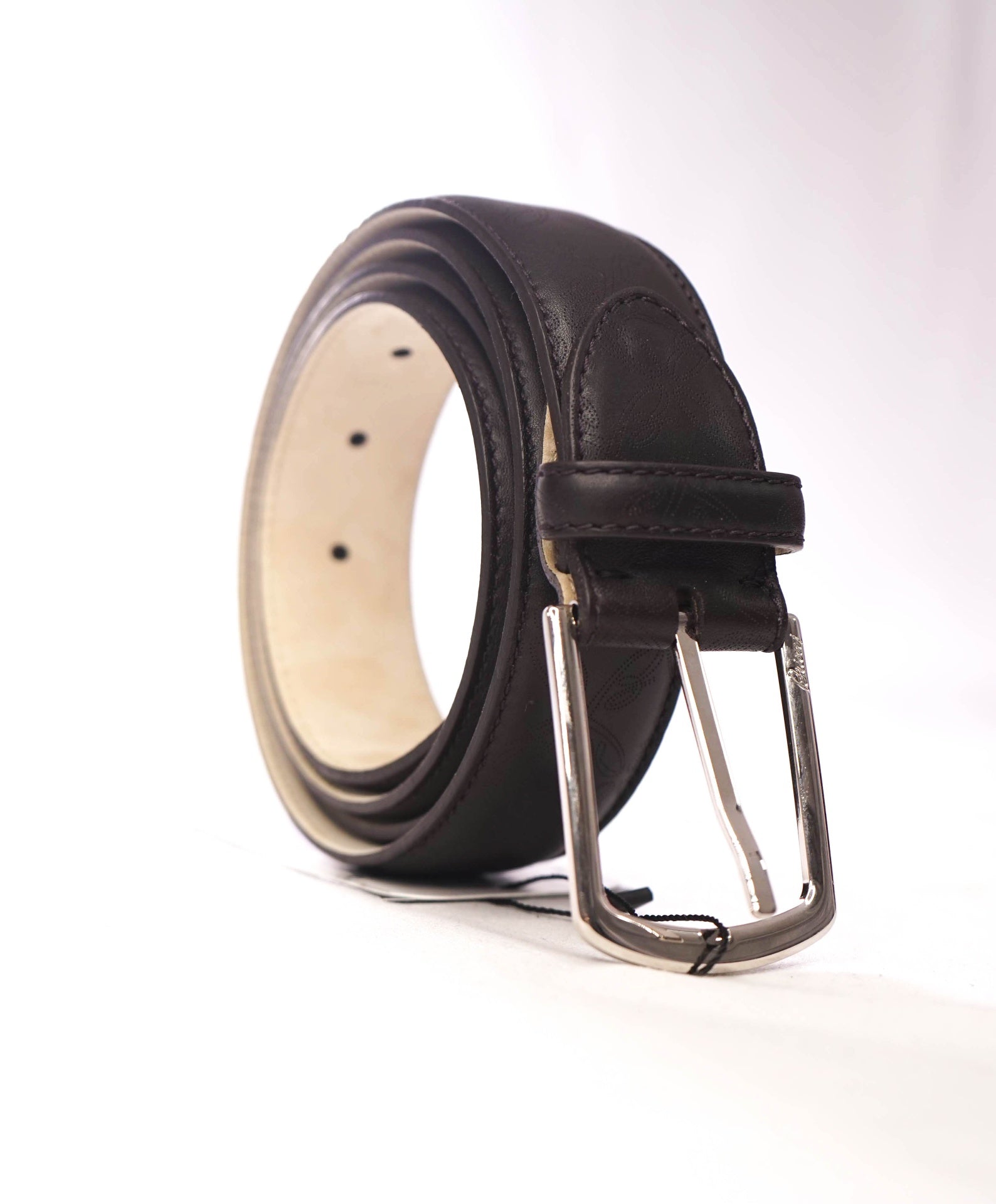 $850 BRIONI - LOGO Leather Black Belt Solid Buckle - 44W