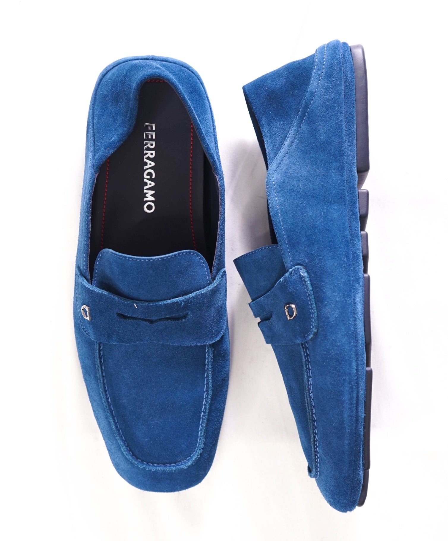 $795 FERRAGAMO - "HYBRID LOAFER" Suede Blue Loafers - 8 EE