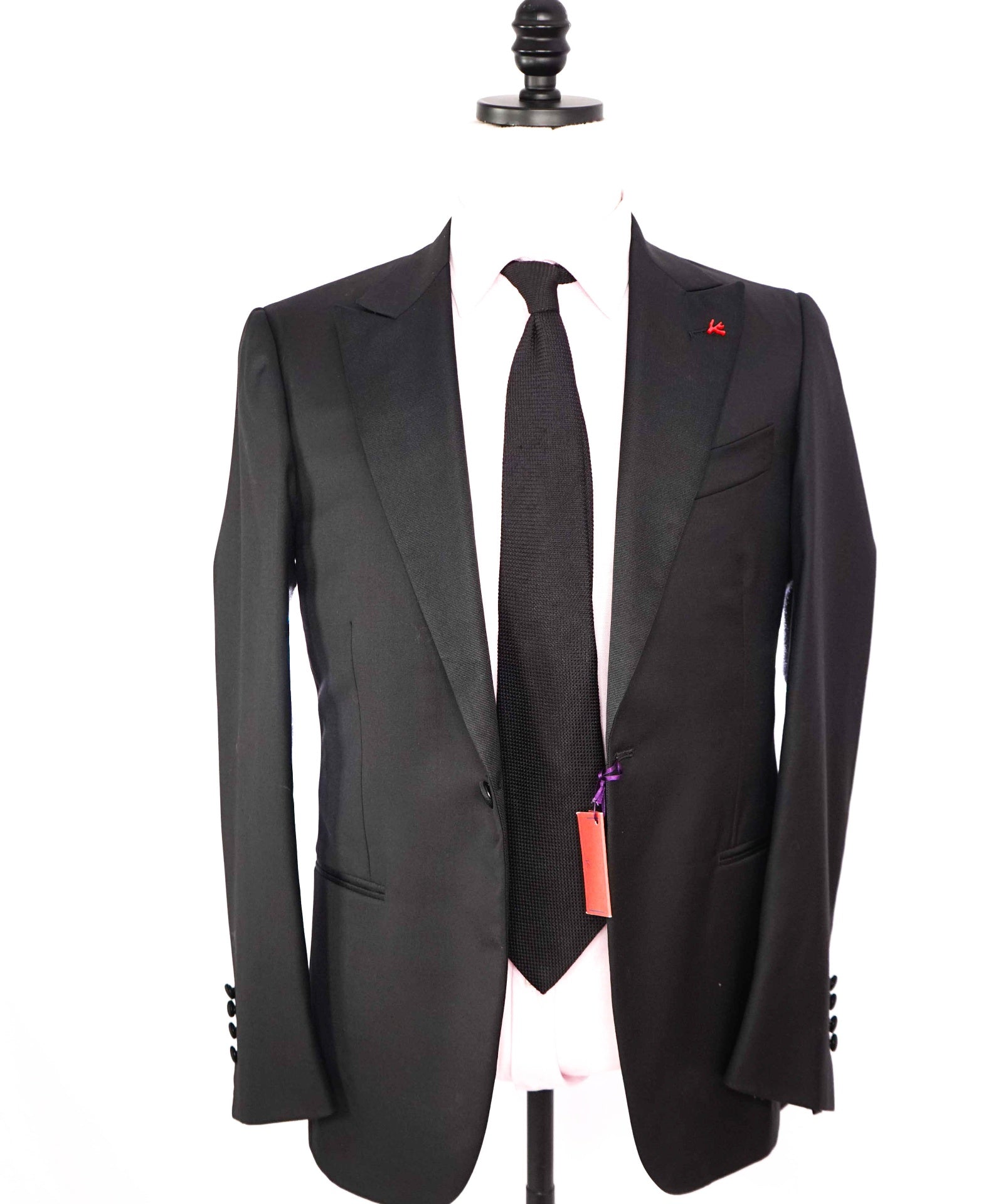 $4,595 ISAIA - Wool Black "AQUASPIDER" Peak Lapel Tuxedo Suit - 36R