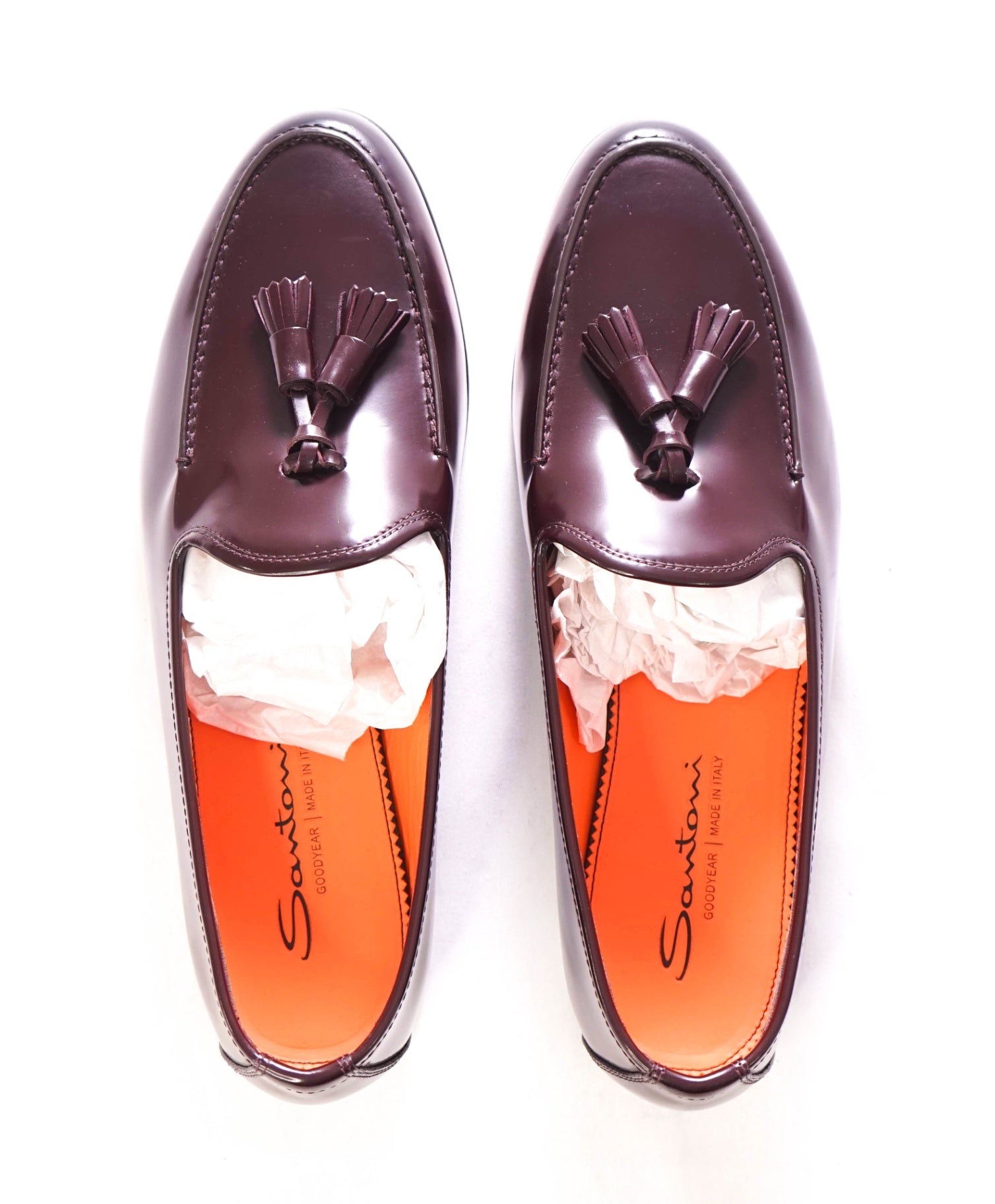 $1,170 SANTONI - GOODYEAR Leather Burgundy Tassel Loafers - US 10 (9UK)