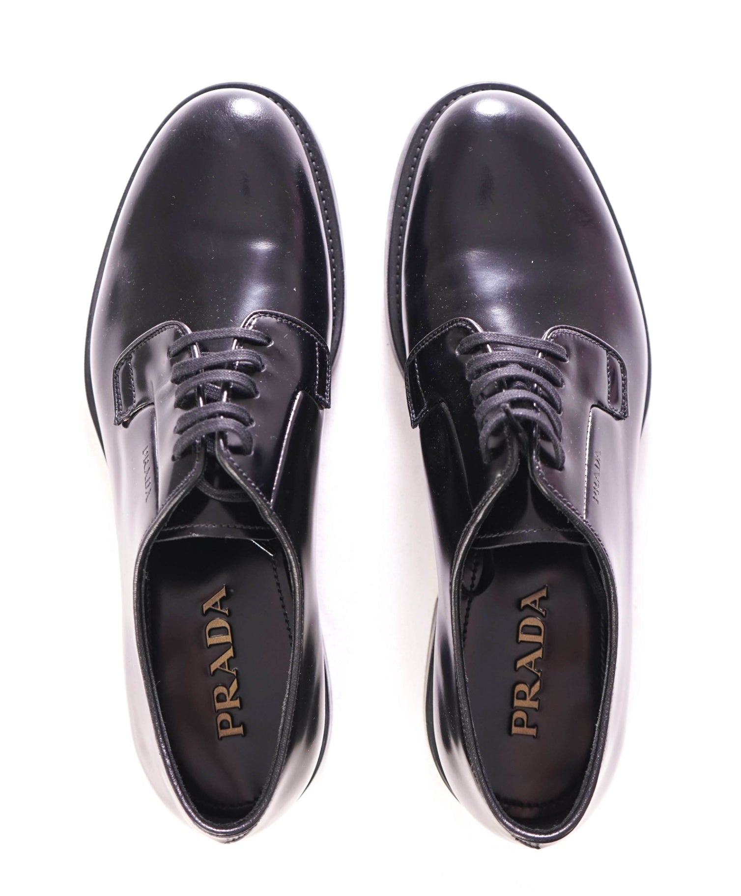 $1,150 PRADA - Black Brushed Polished Leather Derby Lace-Ups - 9 US (8 Prada)