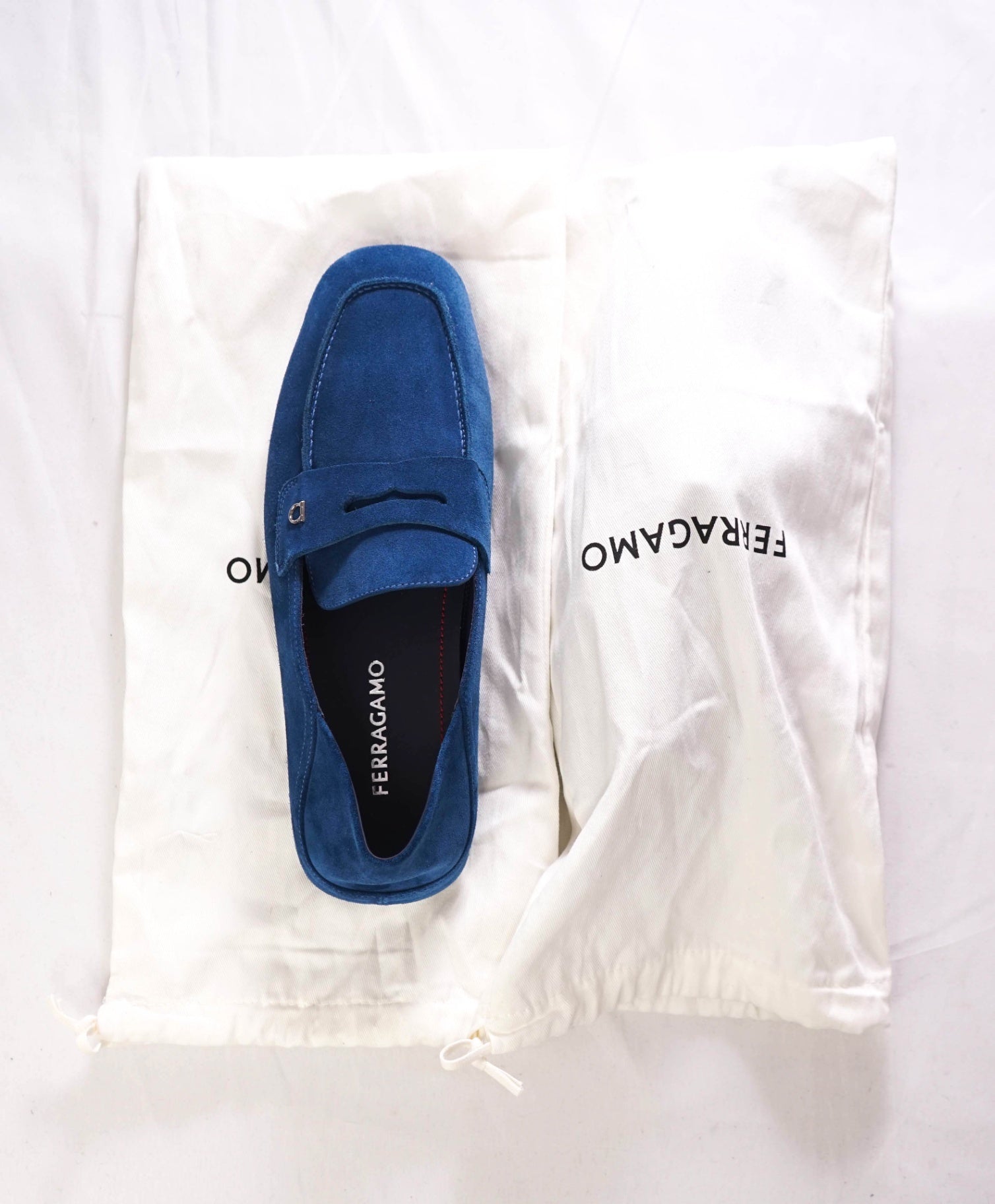 $795 FERRAGAMO - "HYBRID LOAFER" Suede Blue Loafers - 8 EE
