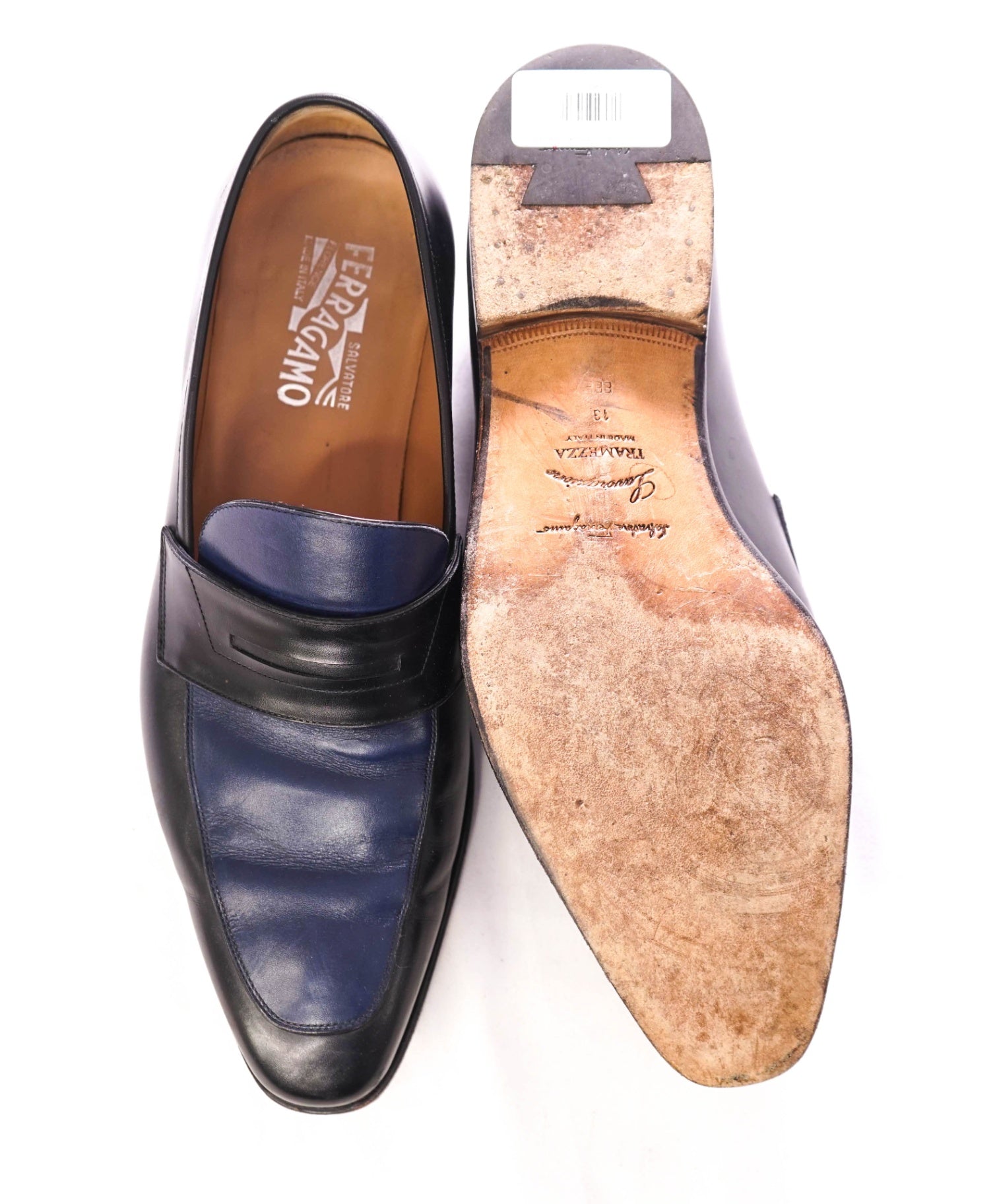 $1,295 FERRAGAMO - "TRAMEZZA" Navy & Blue Penny Loafers - 13 EEE