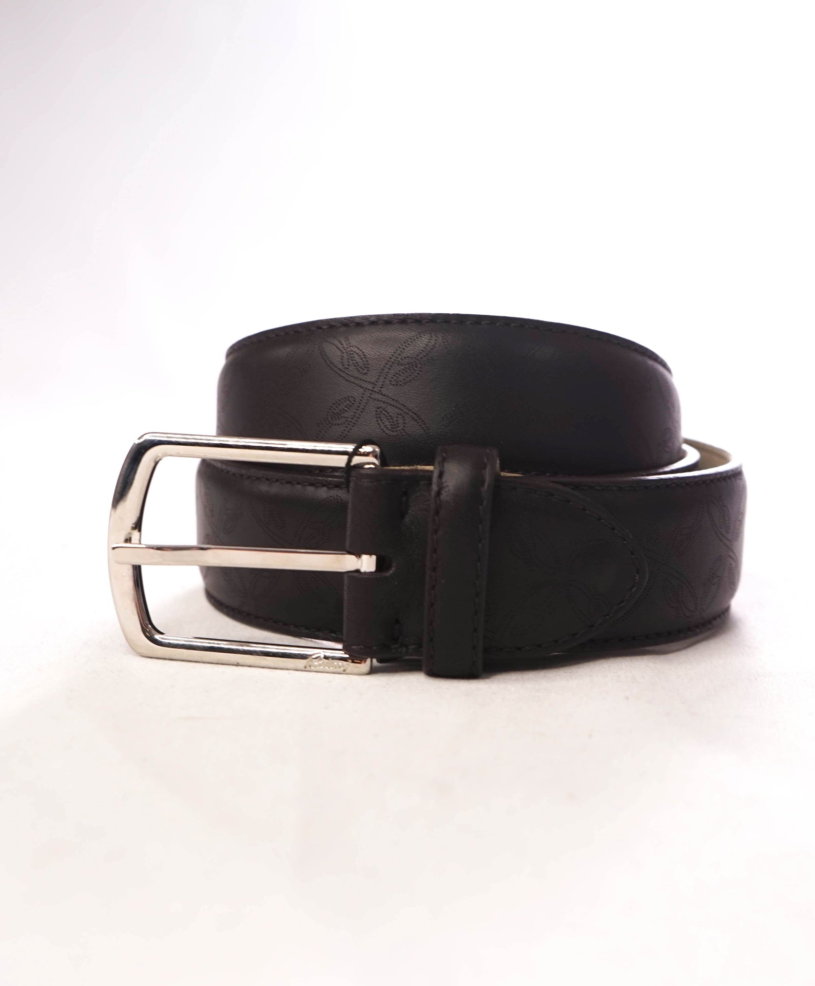 $850 BRIONI - LOGO Leather Black Belt Solid Buckle - 44W