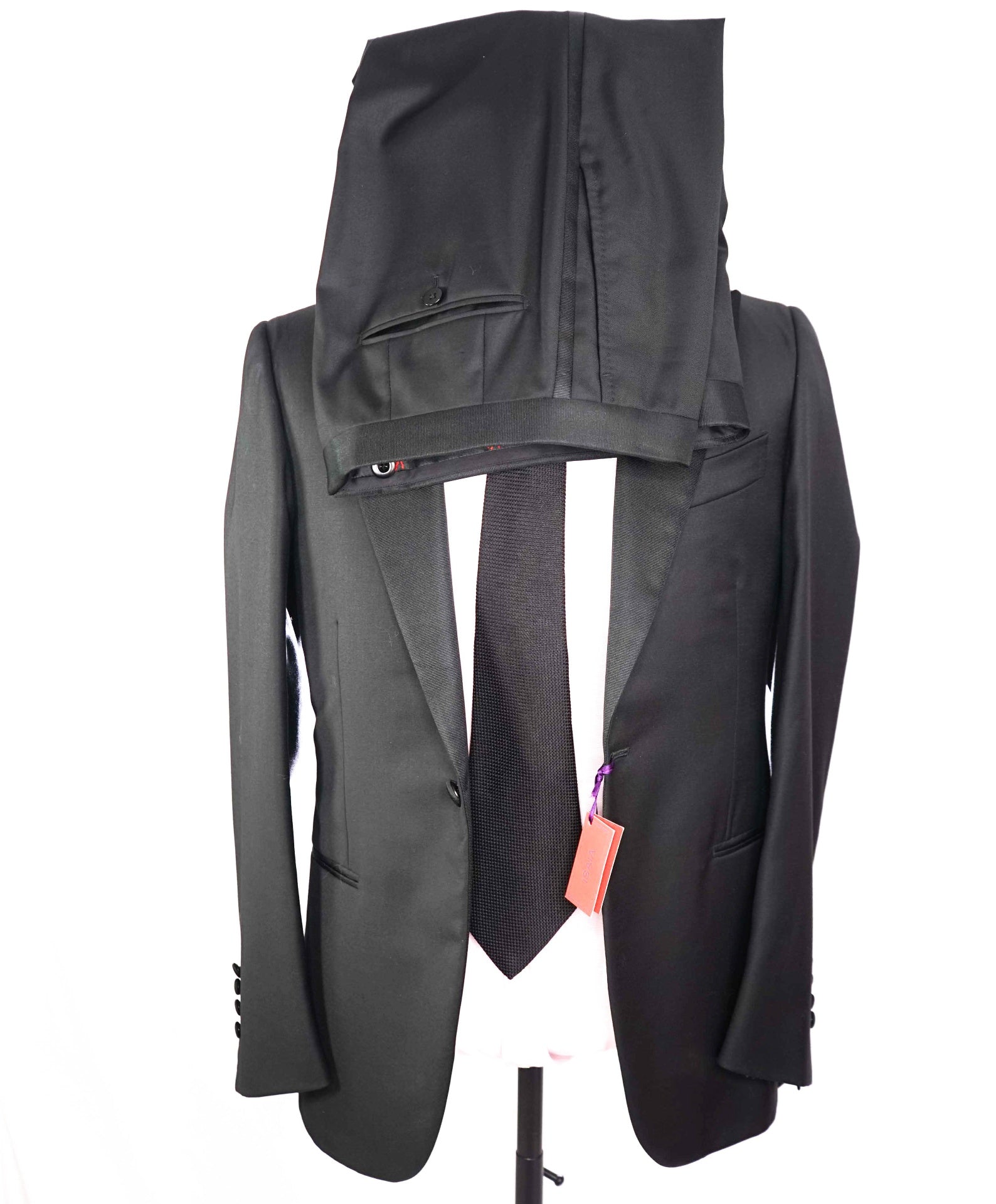 $4,595 ISAIA - Wool Black "AQUASPIDER" Peak Lapel Tuxedo Suit - 36R