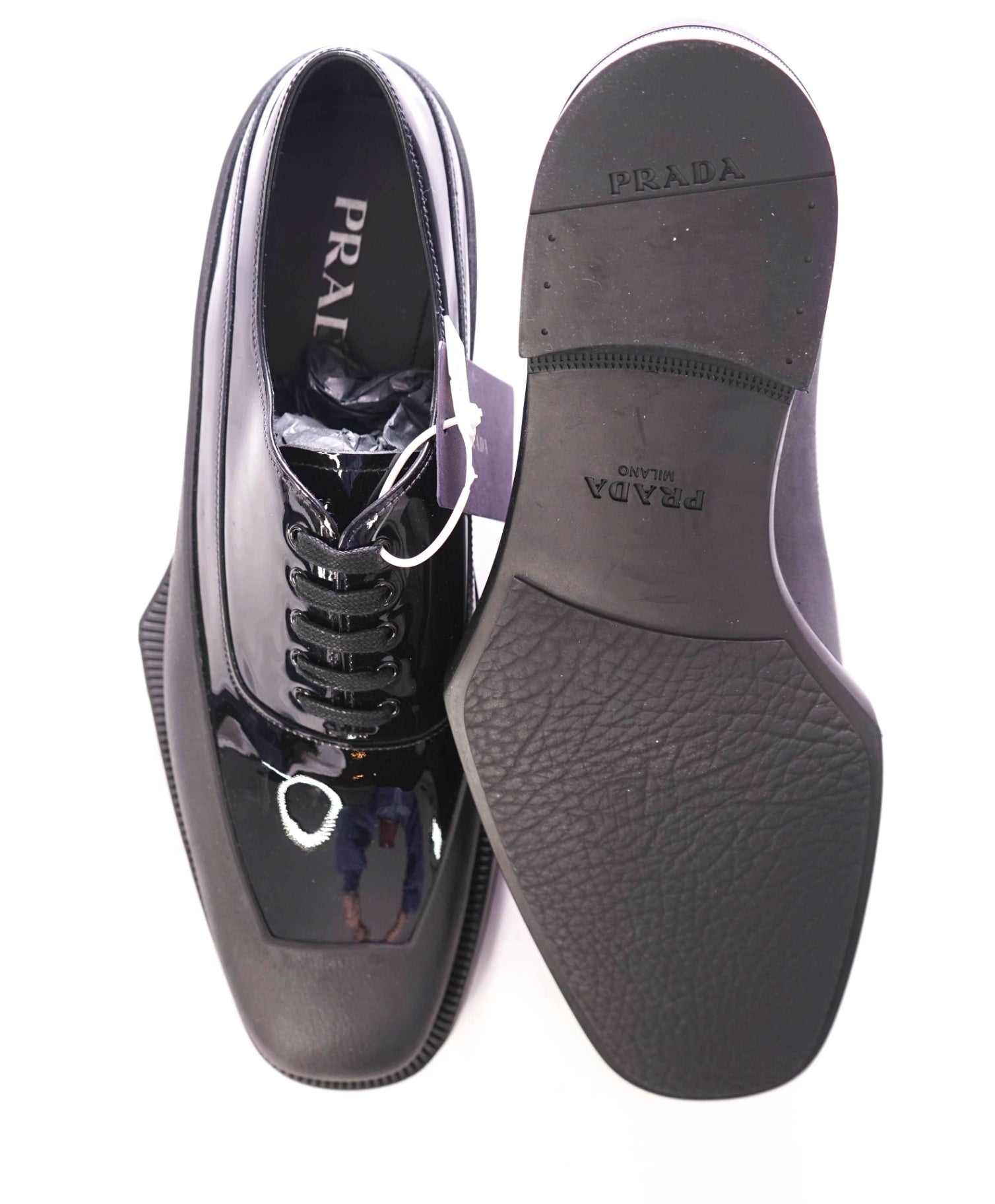 $1,320 PRADA - Black Leather Mixed-Media Lug Sole Oxfords - US 9 (UK8)