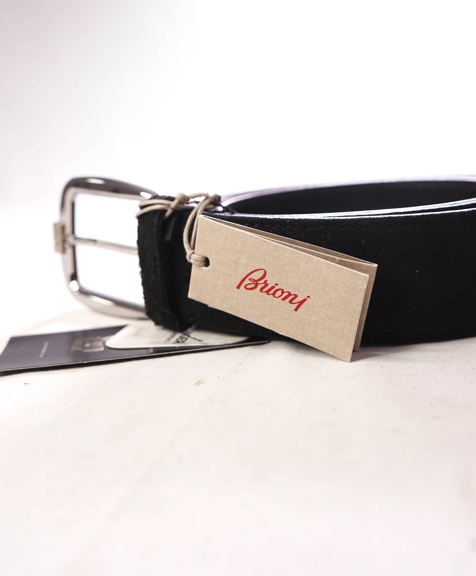 $850 BRIONI - Black Suede Belt Solid Brass Buckle - 42W