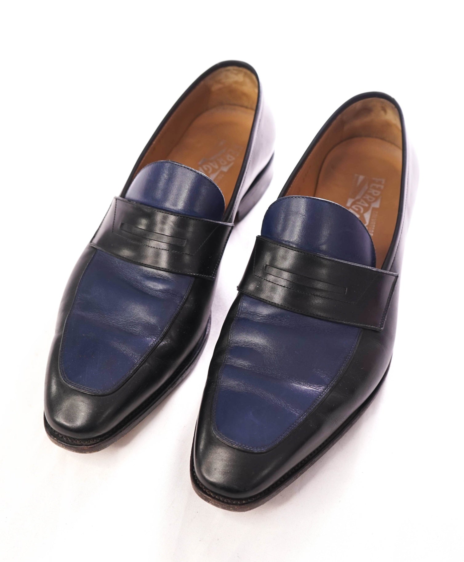 $1,295 FERRAGAMO - "TRAMEZZA" Navy & Blue Penny Loafers - 13 EEE