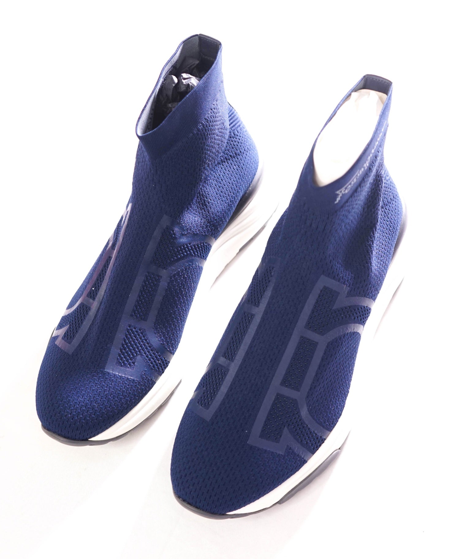 $750 FERRAGAMO - Fabric Navy Blue "SOFT" Knit Sneakers - 11.5