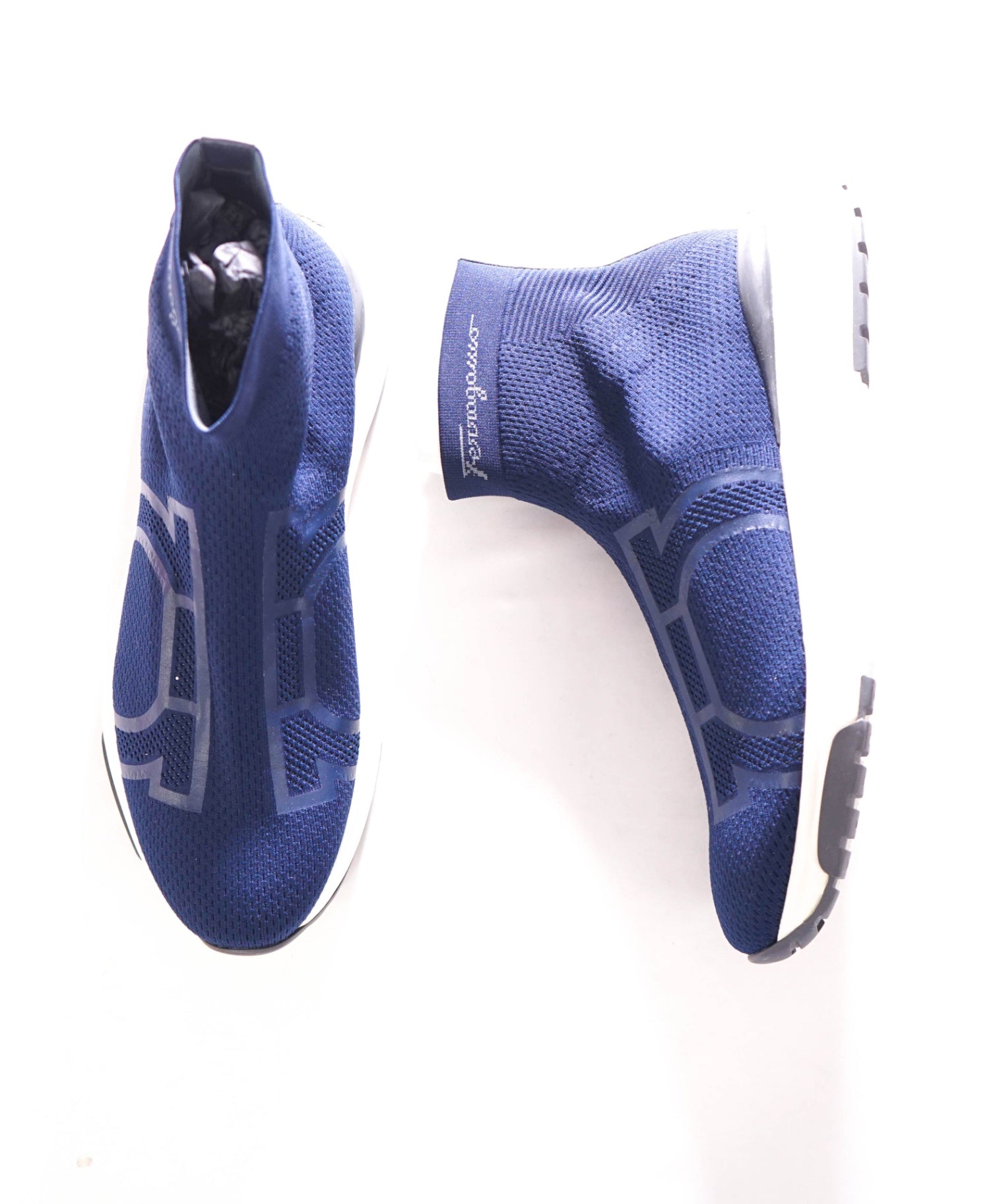 $750 FERRAGAMO - Fabric Navy Blue "SOFT" Knit Sneakers - 11.5