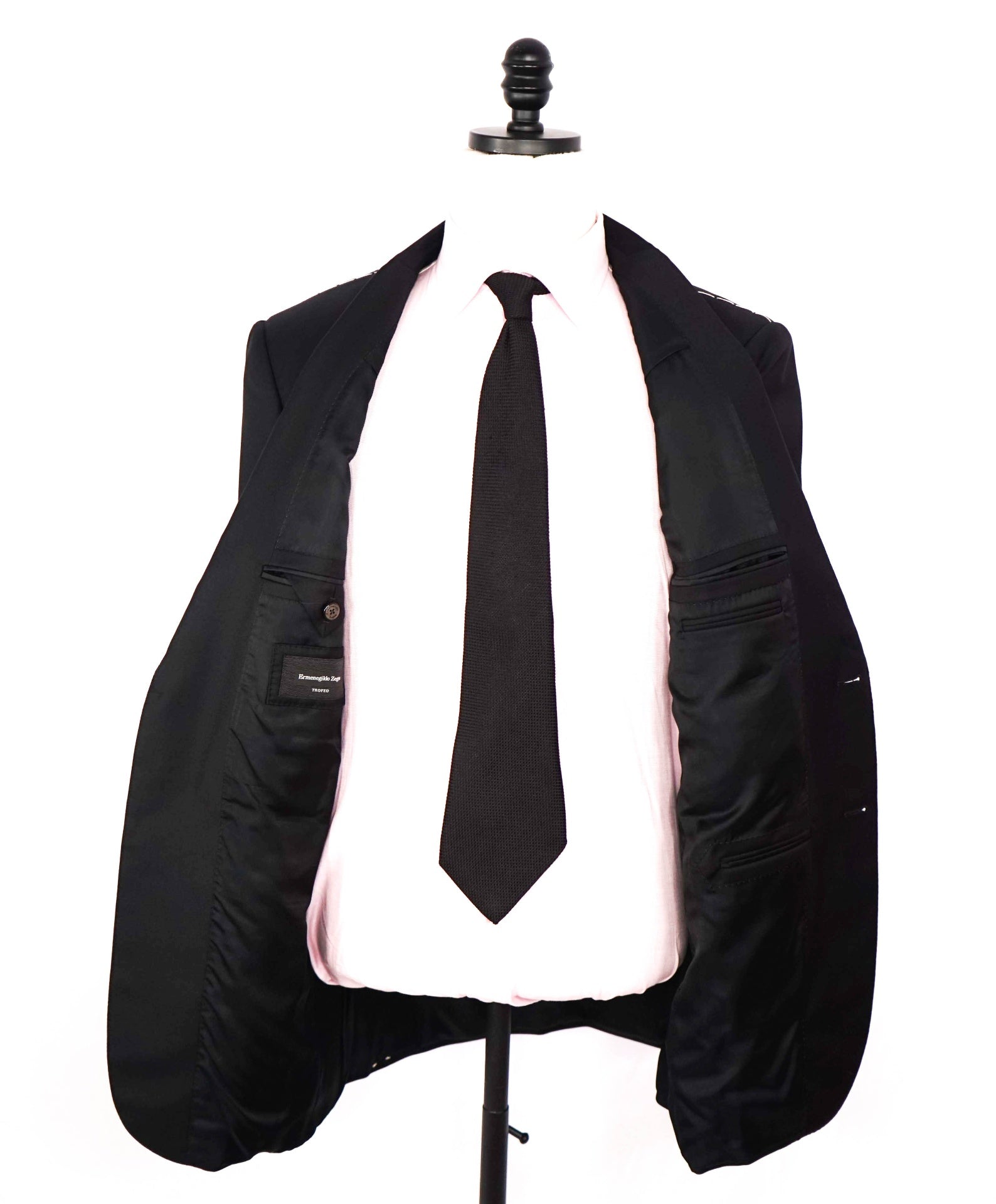 $4,590 ERMENEGILDO ZEGNA - Solid Black "TROFEO" Wool Suit - 42L