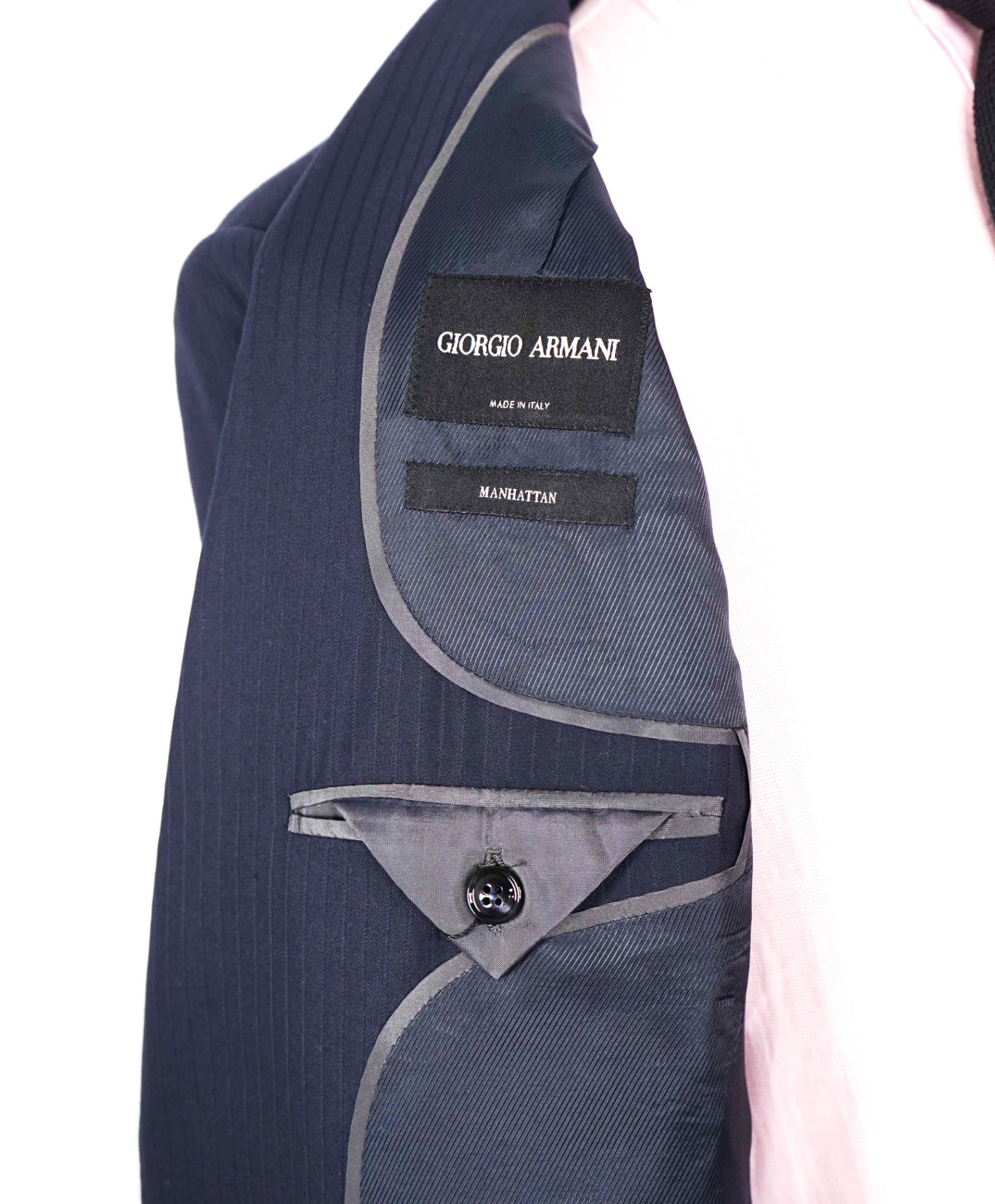 $3,995 GIORGIO ARMANI - "Super 160's" Wool Navy Blue Stripe - 42R