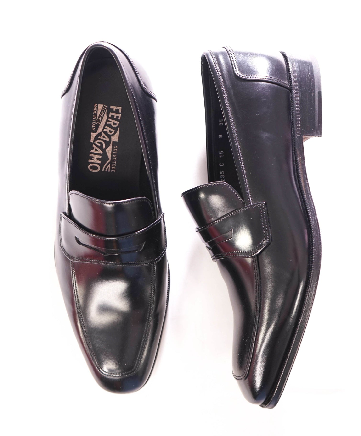 $850 FERRAGAMO - Leather Black "LIONEL" Penny Loafers - 8 3E