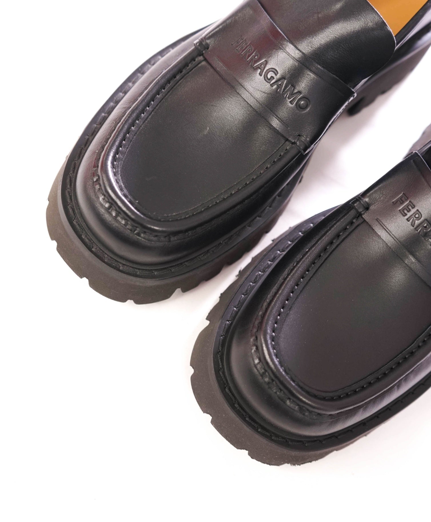 $995 FERRAGAMO - Leather Black "FERGAL" Lug Sole Loafers - 10.5 EE
