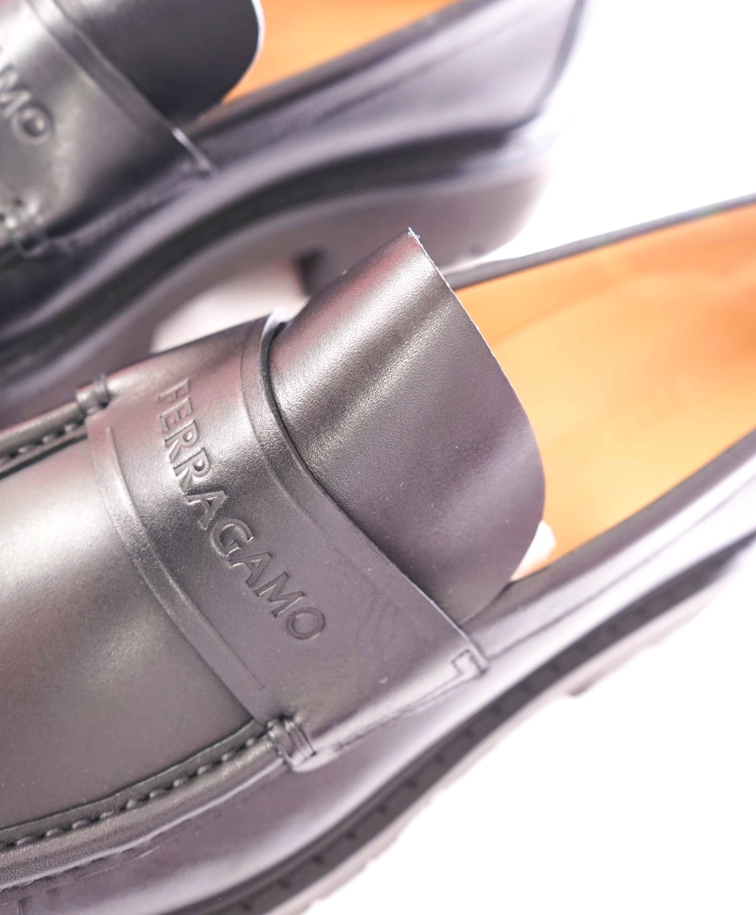 $995 FERRAGAMO - Leather Black "FERGAL" Lug Sole Loafers - 9.5 EE