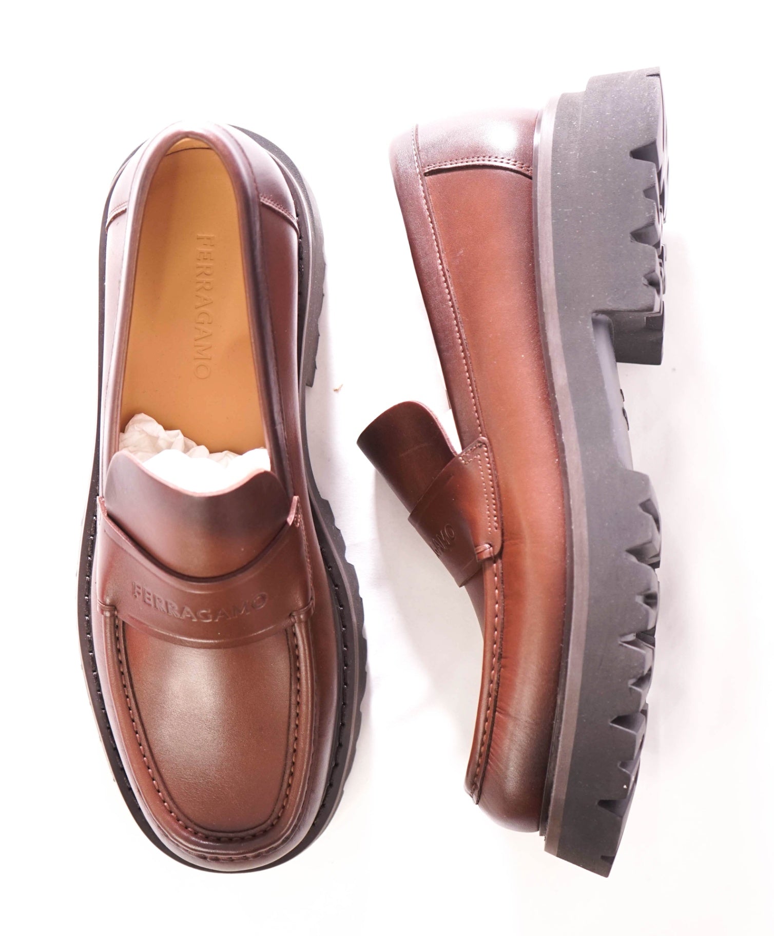 $995 FERRAGAMO - Chocolate Brown "FERGAL" Lug Sole Loafers - 12 EE