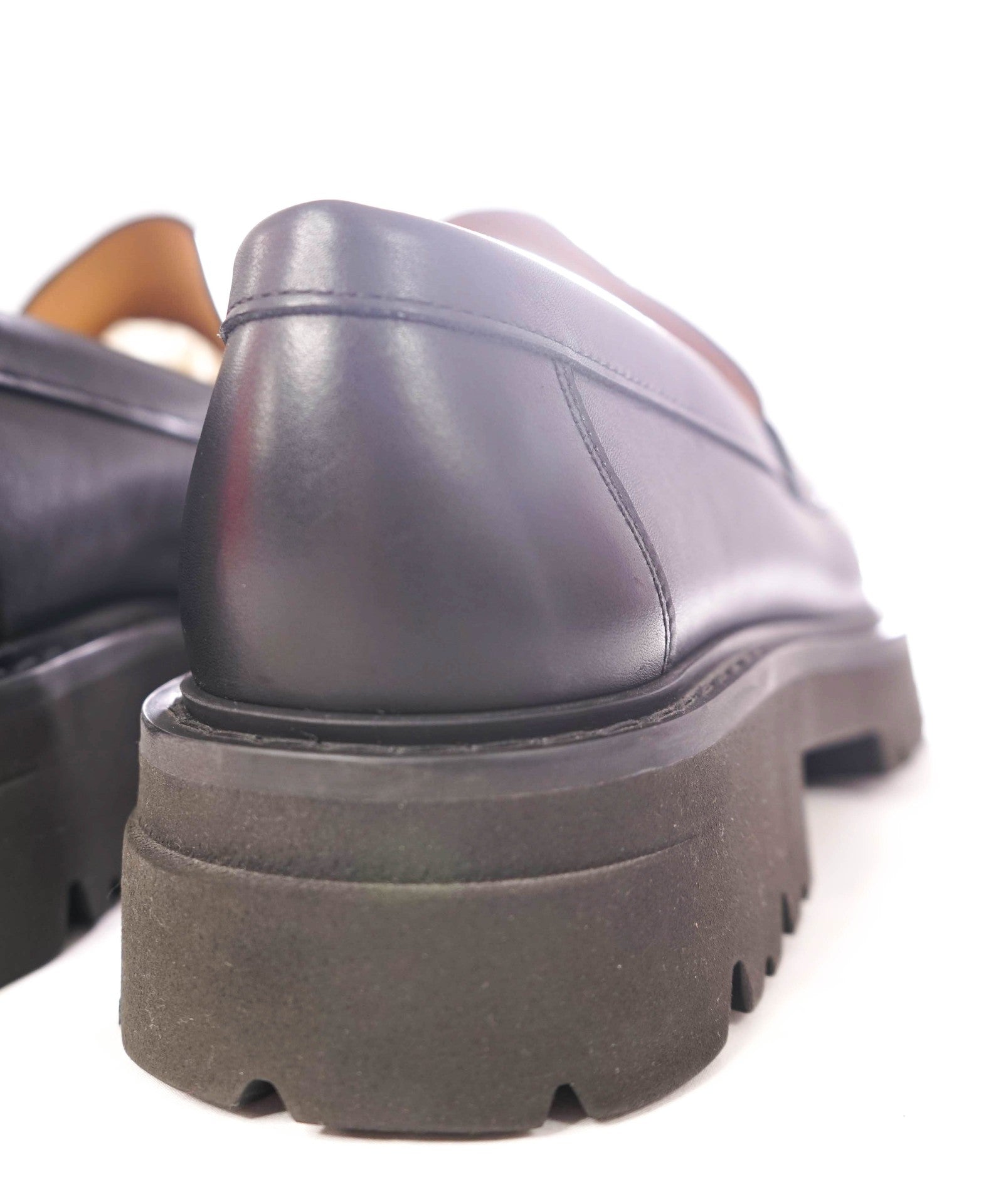 $995 FERRAGAMO - Leather Black "FERGAL" Lug Sole Loafers - 10.5 EE