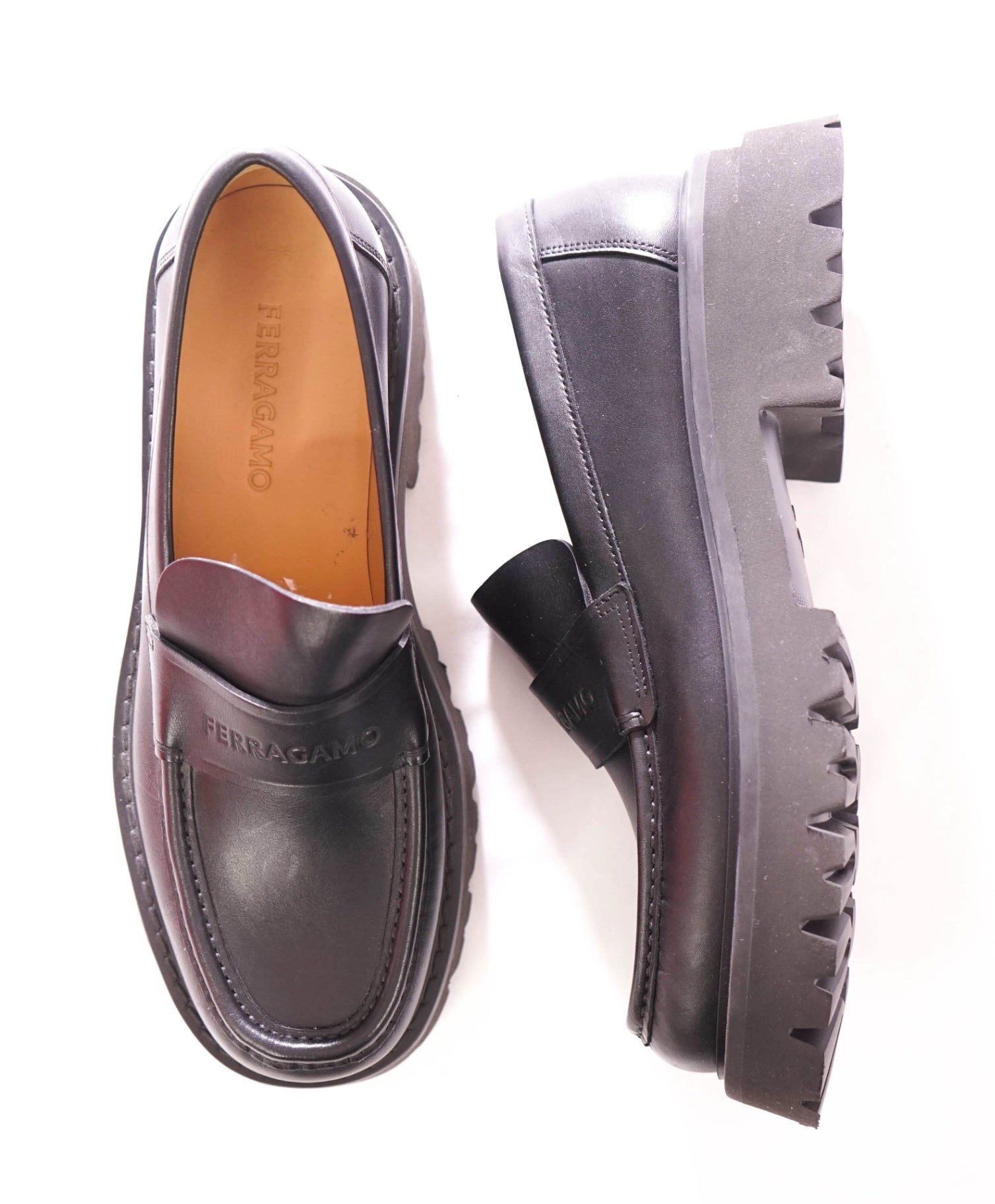$995 FERRAGAMO - Leather Black "FERGAL" Lug Sole Loafers - 10.5 EE