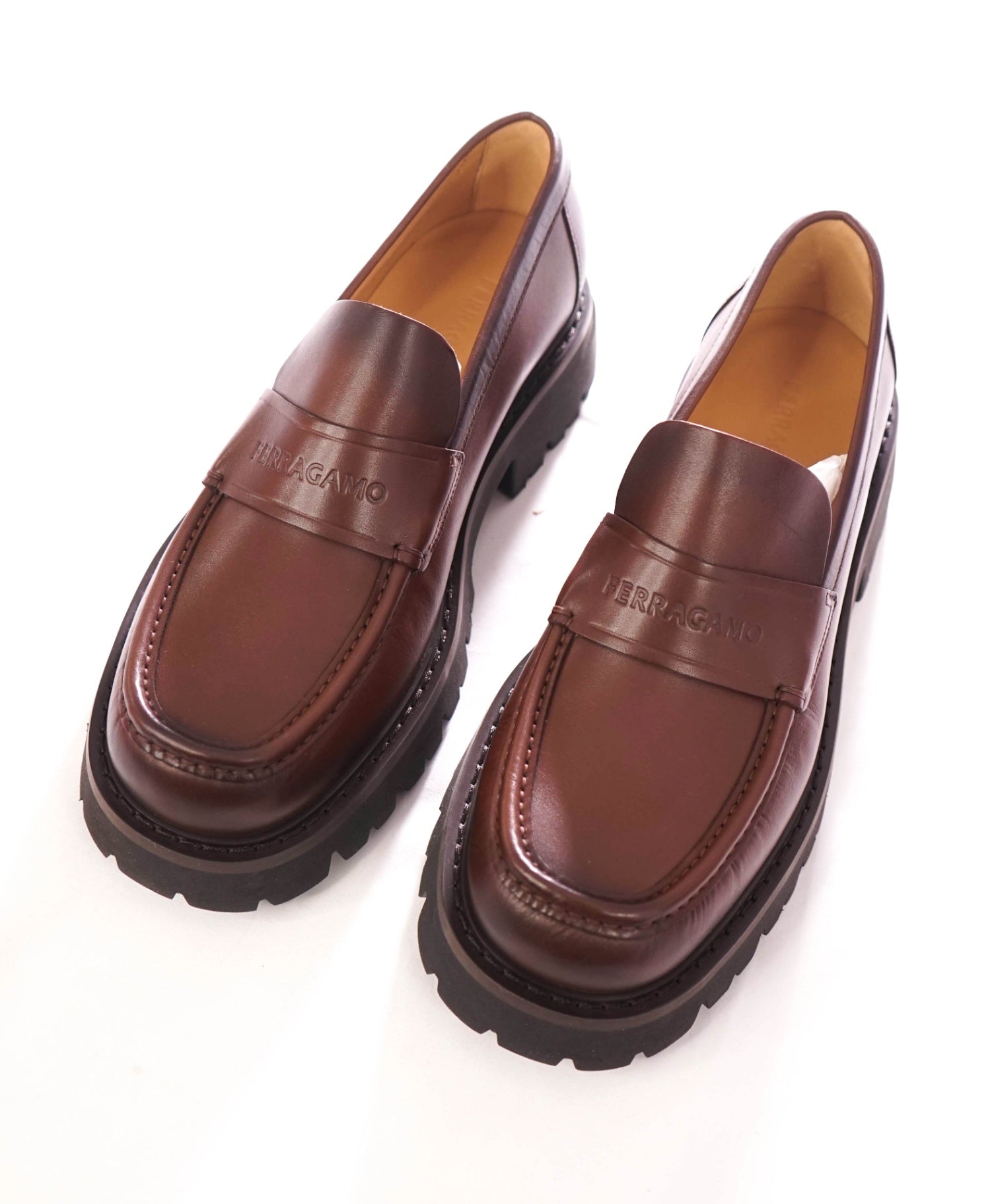 $995 FERRAGAMO - Chocolate Brown "FERGAL" Lug Sole Loafers - 11.5 EE