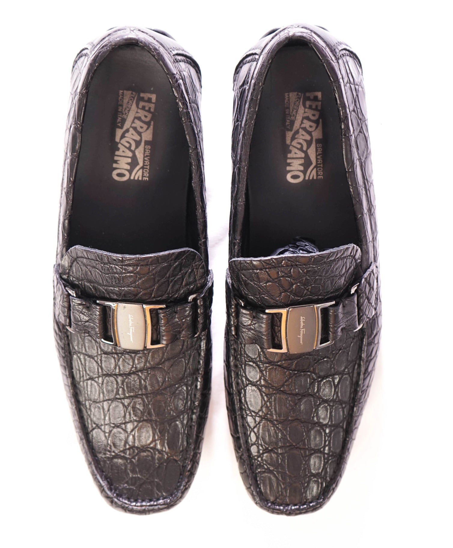 $2,200 FERRAGAMO - "Crocodile Skin" Black Sardegna Loafers - 11 D