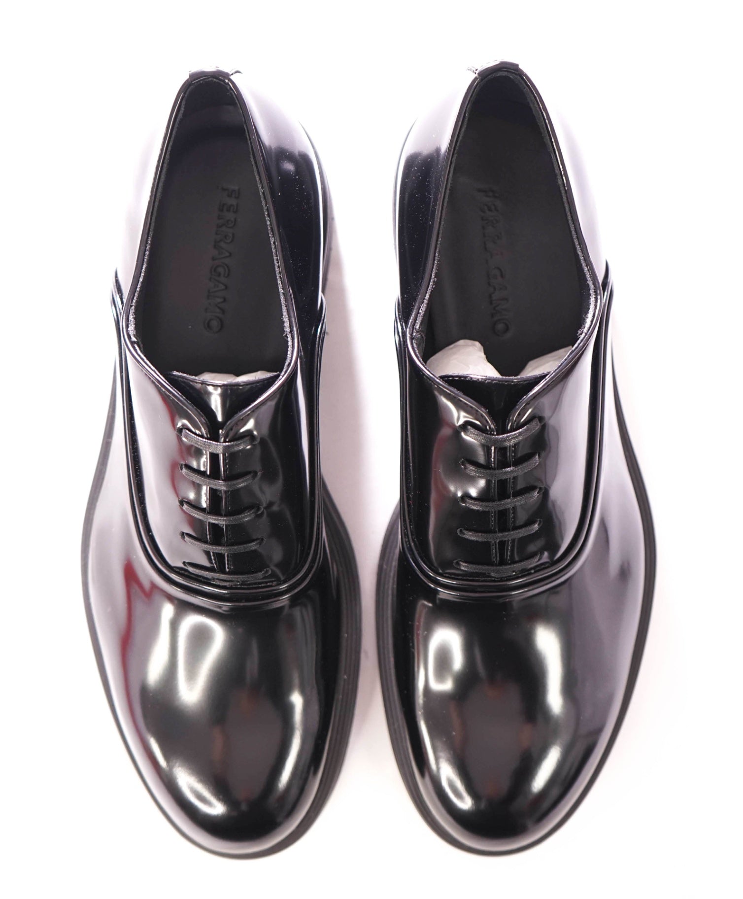 $950 FERRAGAMO - Leather Black "FIORINO" Lug Sole Oxfords - 12 M