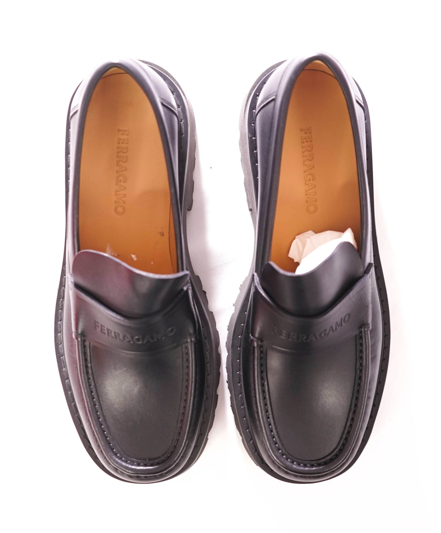$995 FERRAGAMO - Leather Black "FERGAL" Lug Sole Loafers - 9.5 EE
