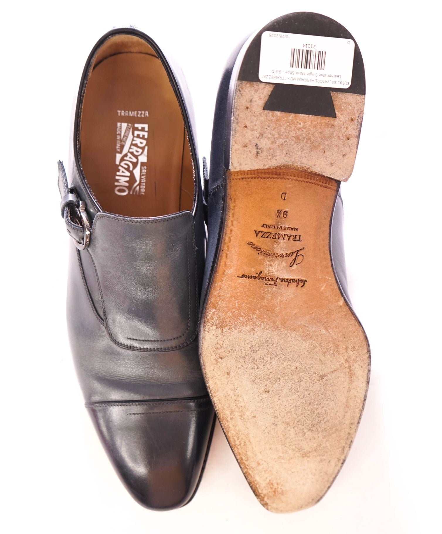 $1,595 FERRAGAMO - "TRAMEZZA" Leather Blue Single Monk - 9.5 D