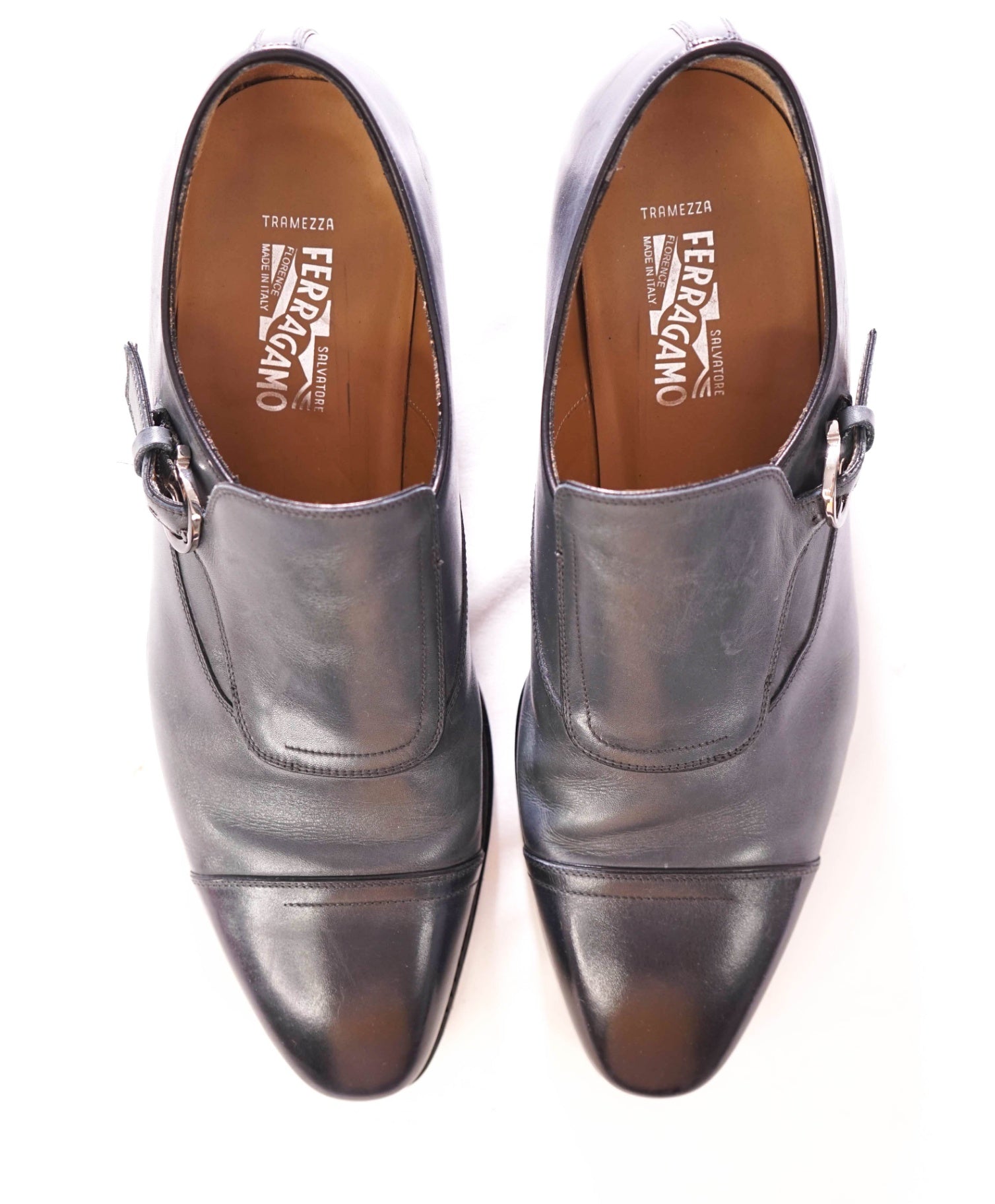 $1,595 FERRAGAMO - "TRAMEZZA" Leather Blue Single Monk - 9.5 D