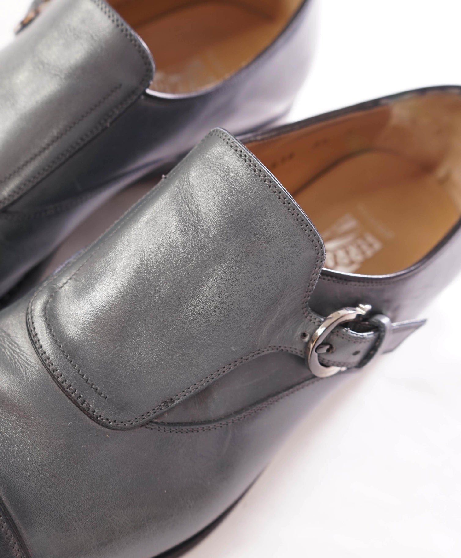 $1,595 FERRAGAMO - "TRAMEZZA" Leather Blue Single Monk - 9.5 D