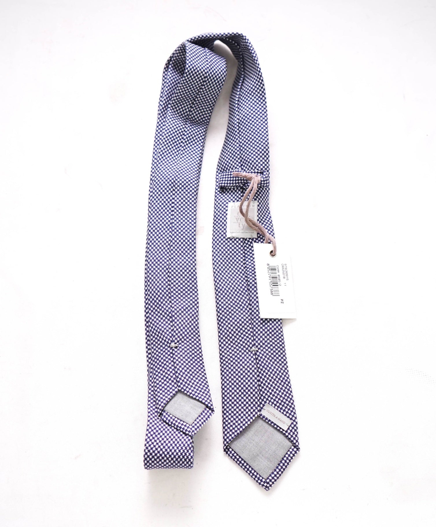 $195 ELEVENTY Blue & White Herringbone Cotton Blend Tie - 2"