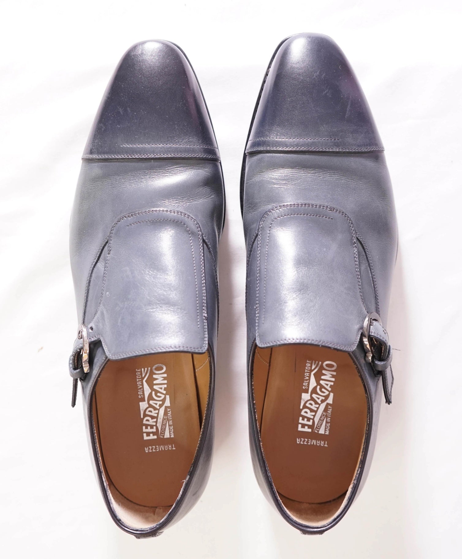 $1,595 FERRAGAMO - "TRAMEZZA" Leather Blue Single Monk - 9.5 D